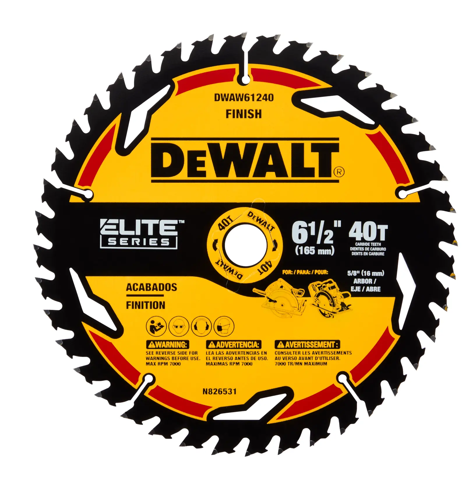 Uma lâmina de serra circular DEWALT Elite Series, modelo DWAW61240, com diâmetro de 6-1/2 polegadas (165 mm) e 40 dentes de carbeto. A lâmina é amarela e preta, com especificações do produto e advertências de segurança impressas. Projetada para cortes de acabamento, inclui informações multilíngues sobre uso e segurança.