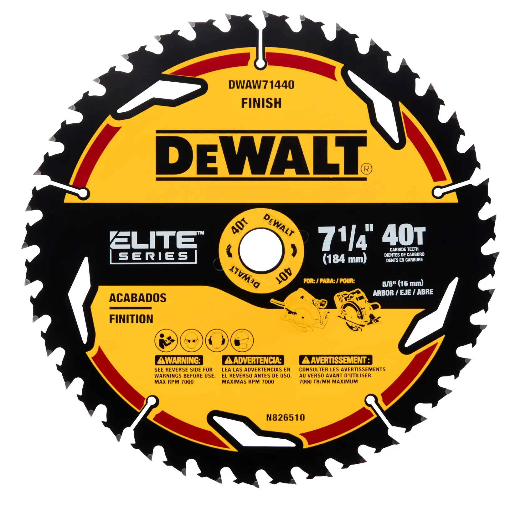Uma lâmina de serra circular DEWALT Elite Series com 40 dentes, diâmetro de 7 1/4 polegadas (184 mm) e pontas de carbeto. A lâmina é preta e amarela com informações de segurança, avisos e instruções bilíngues (inglês, espanhol, francês) impressas na superfície.