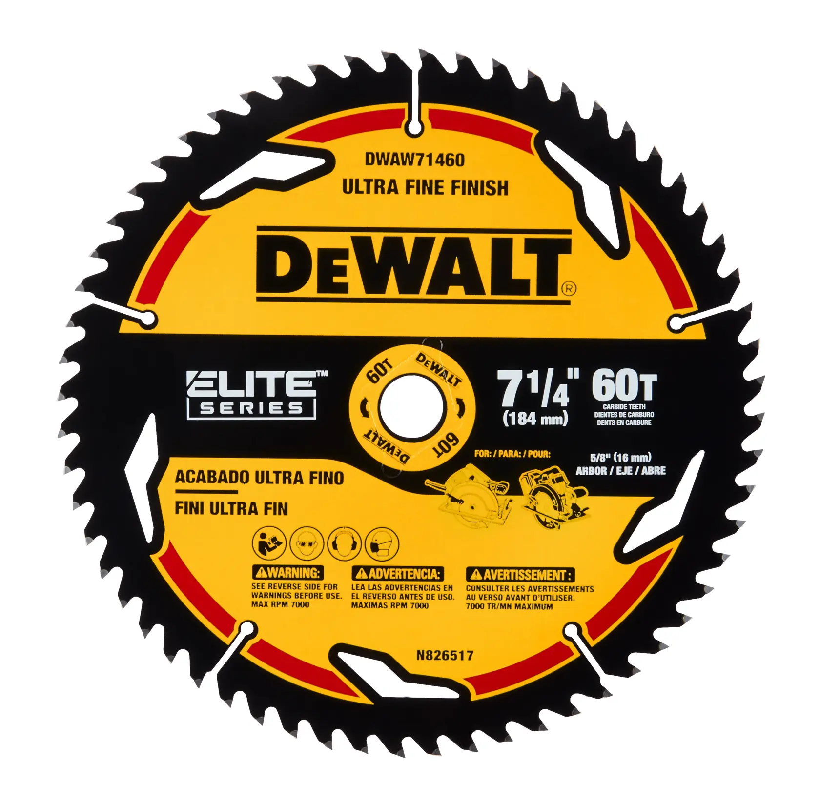 Uma lâmina de serra DEWALT Elite Series com 60 dentes de carbono, modelo DWAW71460. A lâmina está marcada como 'Acabamento Ultra Fino', tem um diâmetro de 7-1/4 polegadas (184 mm) e é projetada para um eixo de 5/8 polegadas (16 mm). O produto possui avisos em vários idiomas e ilustrações de uso, com esquema de cores preta e amarela.