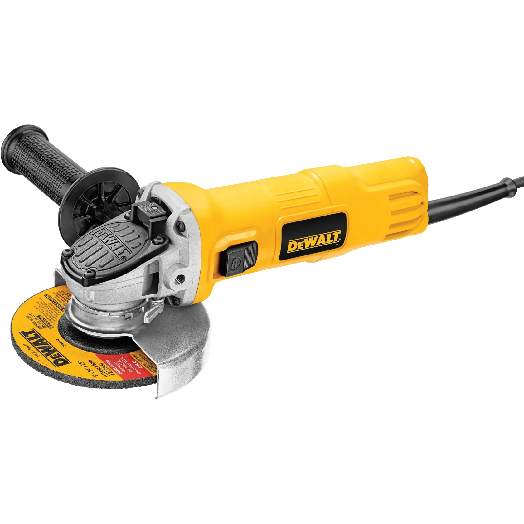 Uma esmerilhadeira angular DEWALT amarela com cabo lateral preto, proteção metálica e disco de desbaste com marca visível.