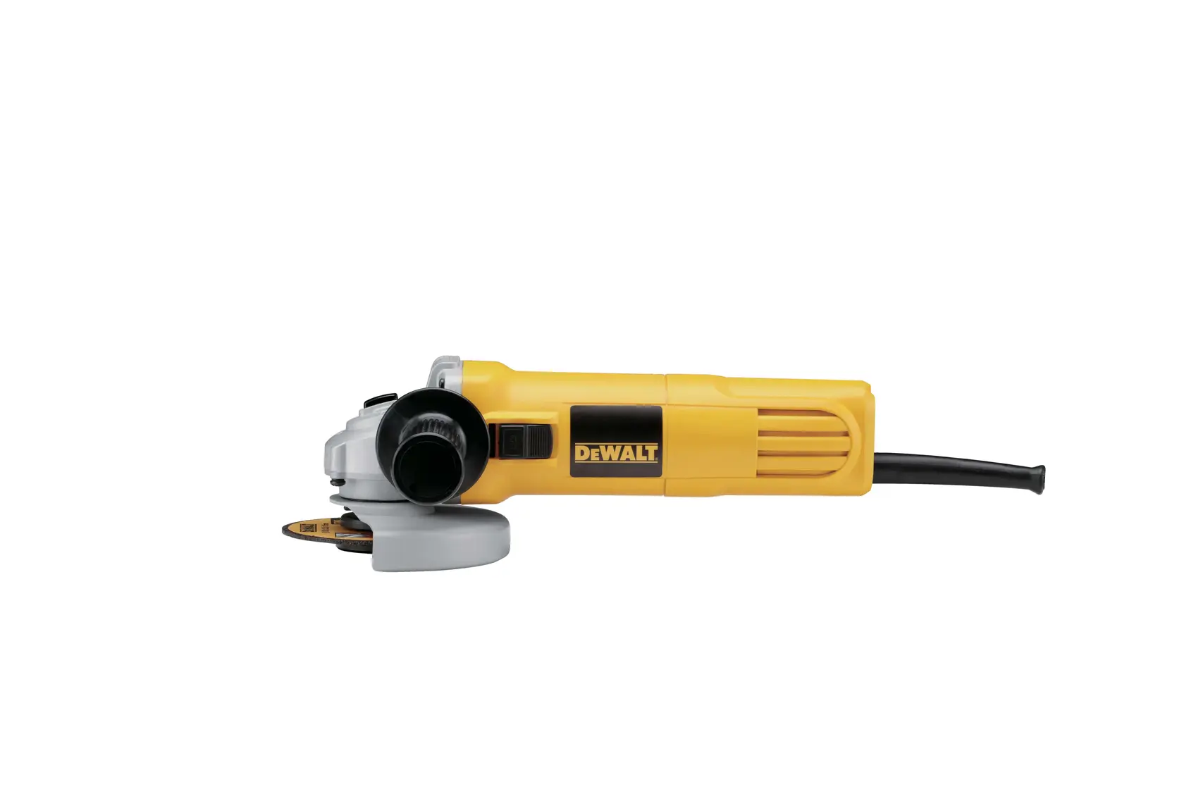 Foto da esmerilhadeira DEWALT amarela e preta com fio, vista lateral. SKU DWE4118-B2, DWE4118.