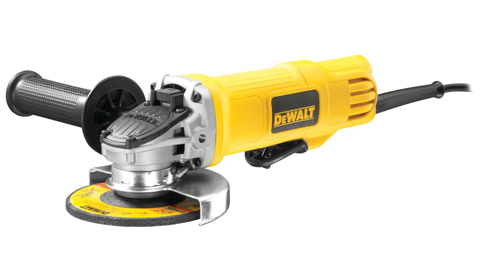 Uma esmerilhadeira angular amarela da DEWALT com alça lateral preta, cabo de alimentação visível e disco de desbaste acoplado.
