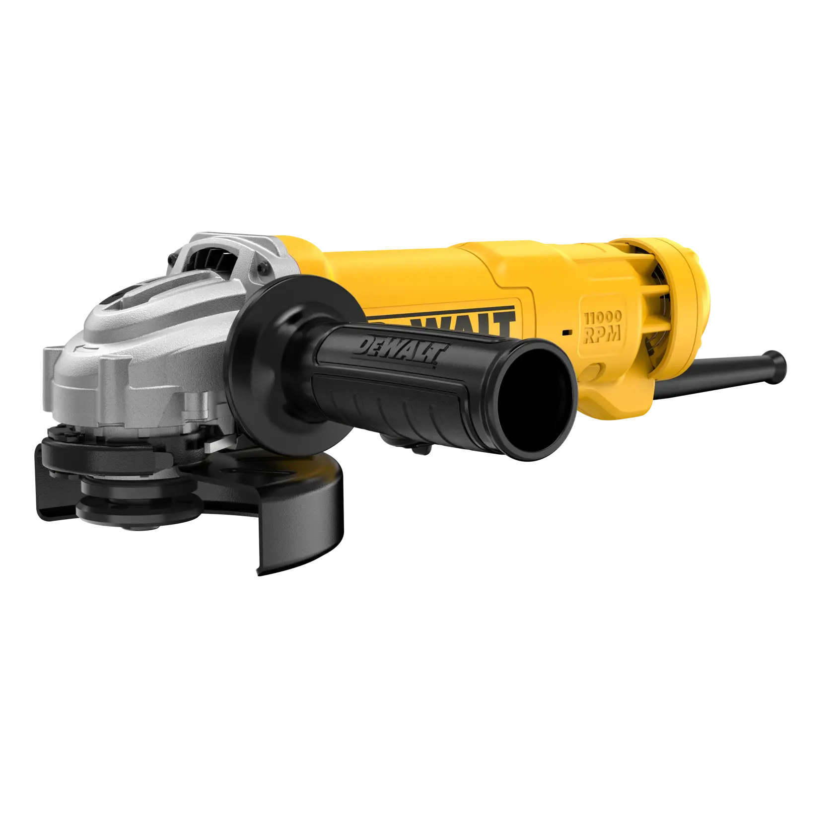 Esmerilhadeira DEWALT amarela e preta com cabo lateral, fio de energia e protetor metálico sobre fundo branco.