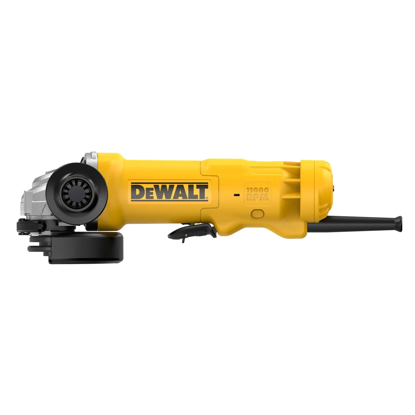 Esmerilhadeira amarela DEWALT com cabo lateral e fio, modelo DWE4212, sobre fundo branco.