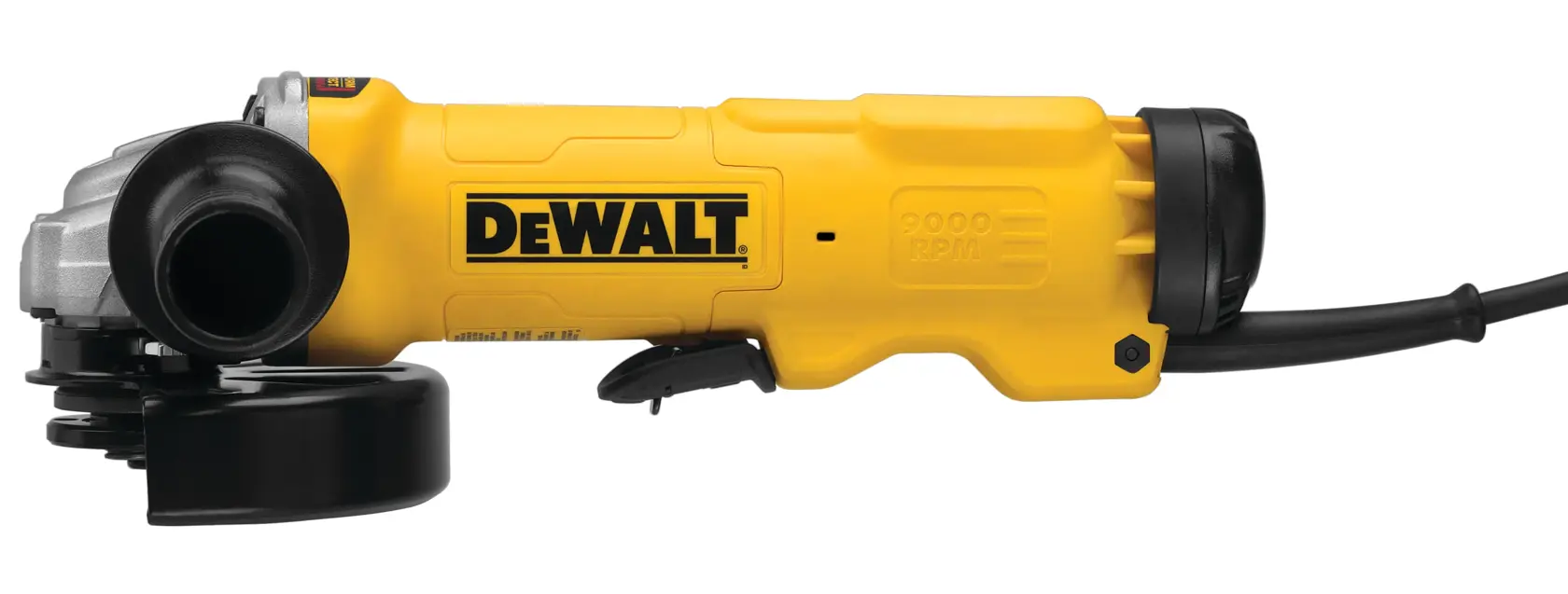 Uma esmerilhadeira angular elétrica Dewalt DWE4314 amarela com cabo lateral, fio de alimentação visível e proteção preta.