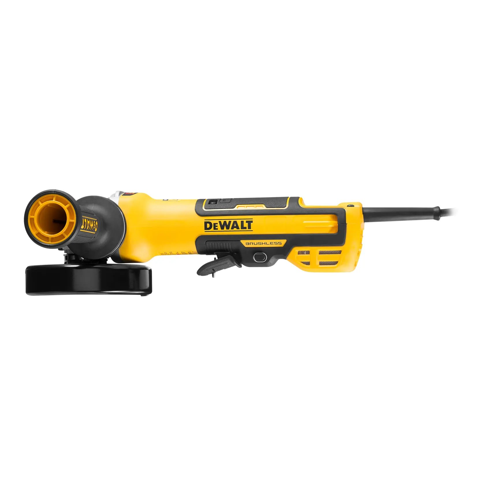 Uma esmerilhadeira angular elétrica DEWALT amarela e preta com design com fio, vista lateral sobre fundo branco.