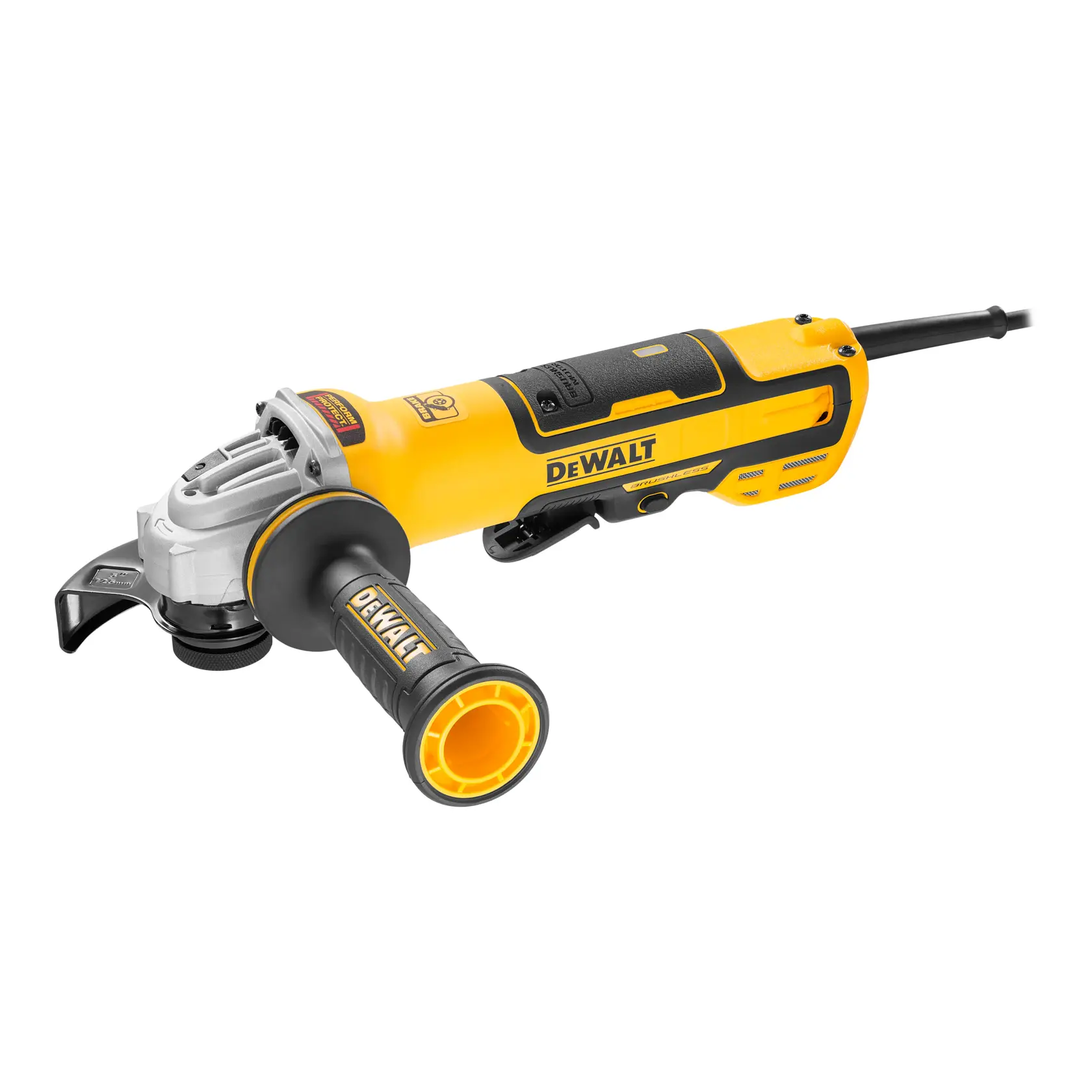 Uma esmerilhadeira angular elétrica DEWALT amarela e preta com alça lateral e cabo de energia, apresentada em um fundo branco.