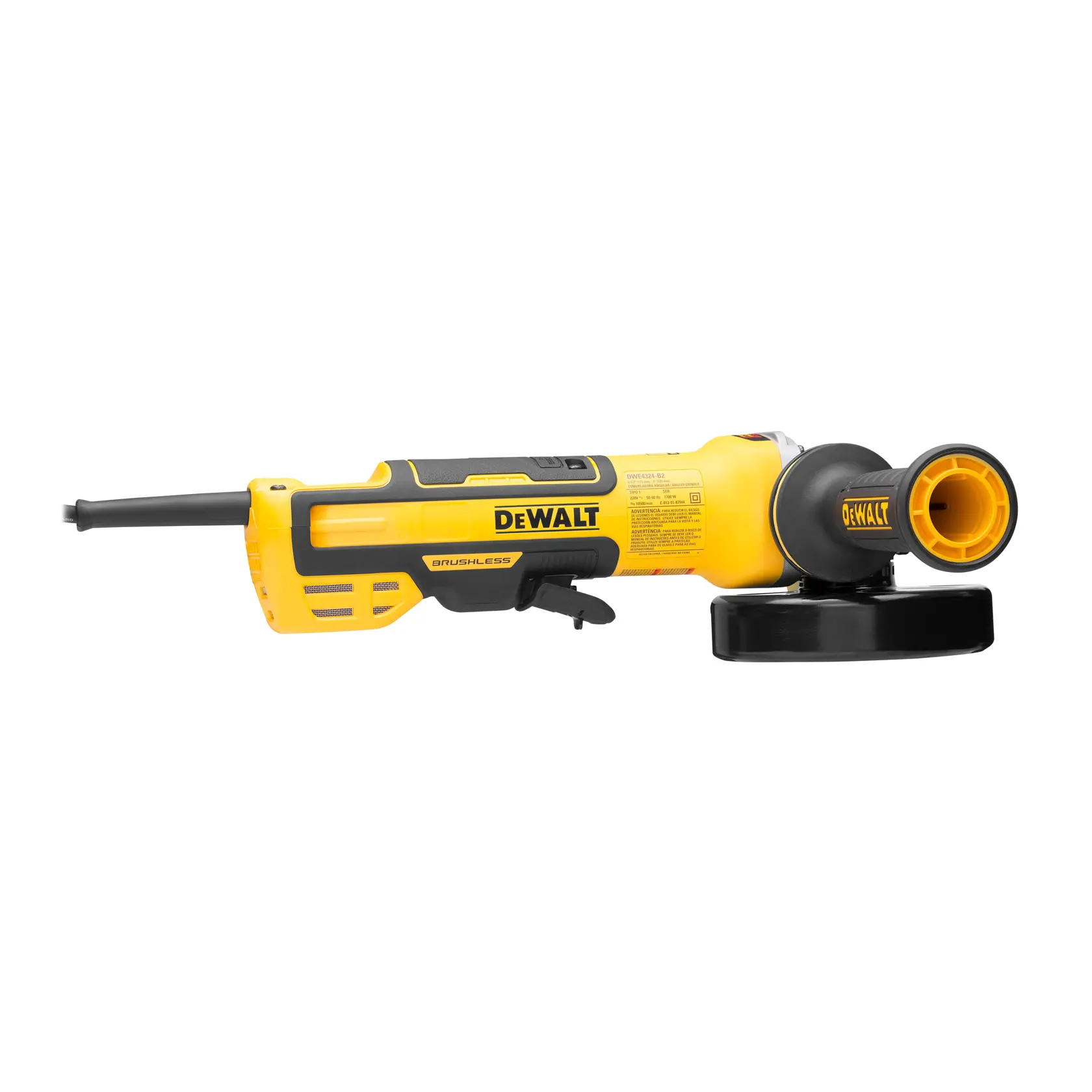 Uma esmerilhadeira angular DEWALT DWE4324 amarela e preta sem escovas, com cabo lateral e fio de alimentação, projetada para tarefas de corte e desbaste.
