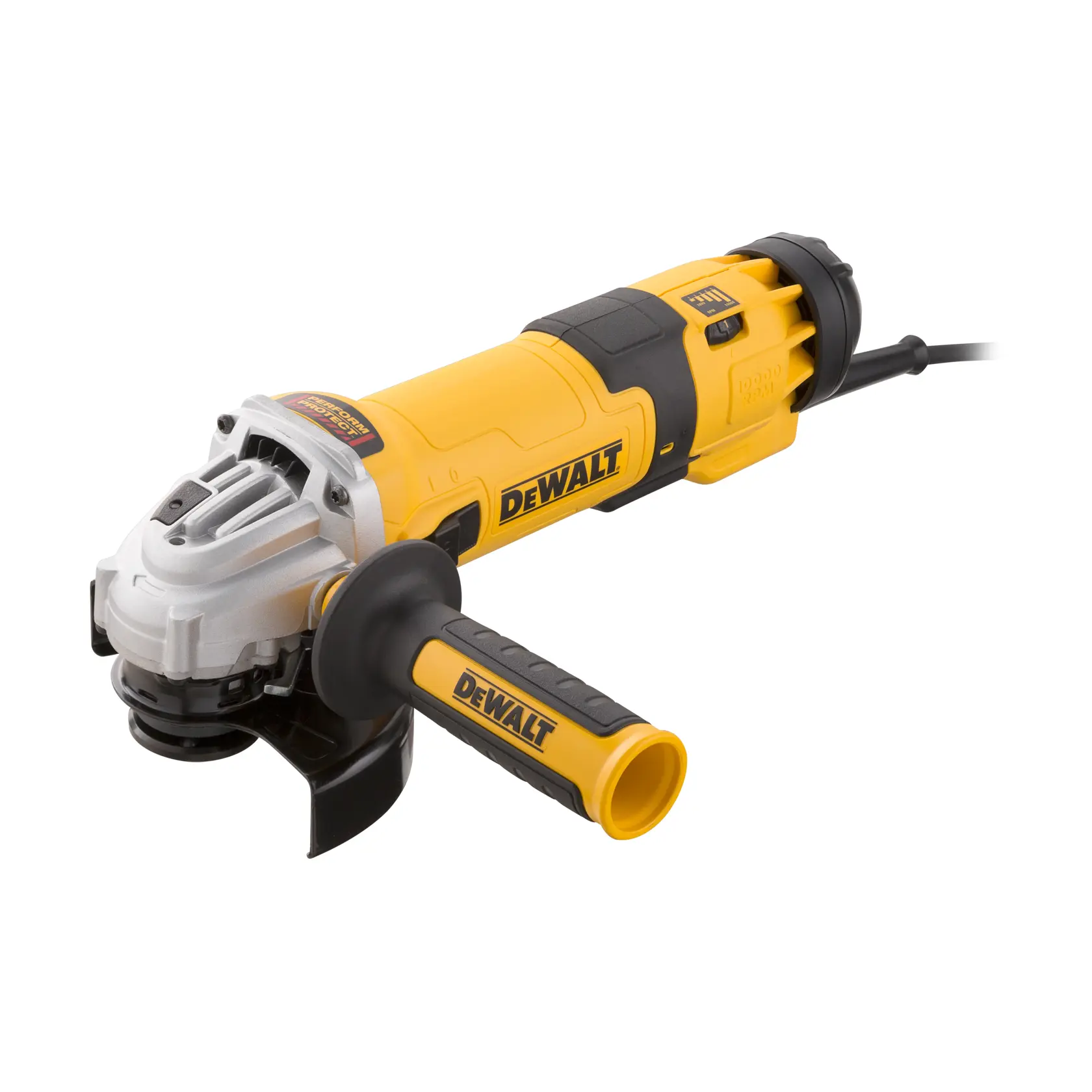 Uma esmerilhadeira angular DEWALT amarela e preta com cabo lateral, fio de energia e cabeça metálica, posicionada sobre um fundo branco.