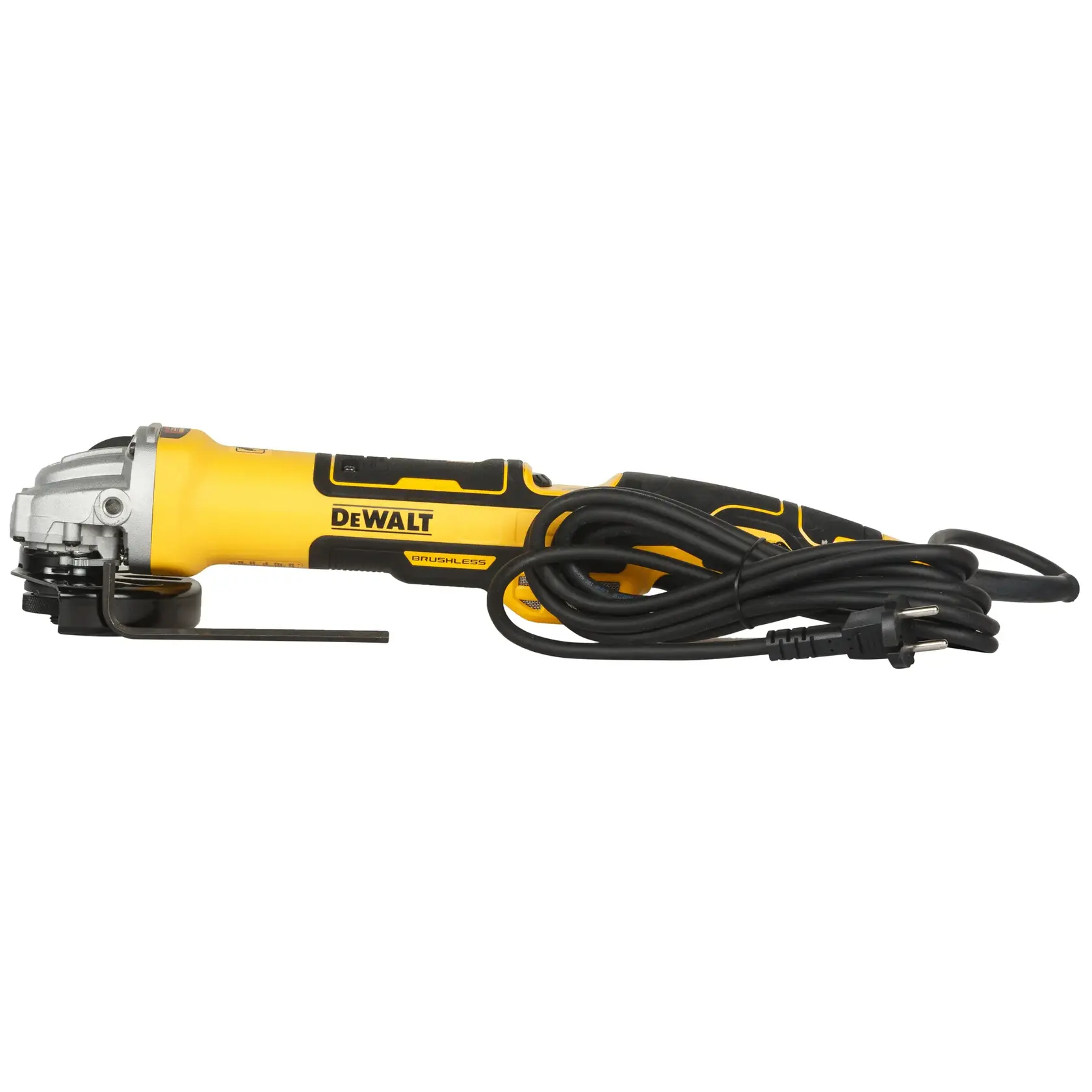 Foto da esmerilhadeira DEWALT DWE4377, corpo amarelo, cabo preto longo, vista lateral.