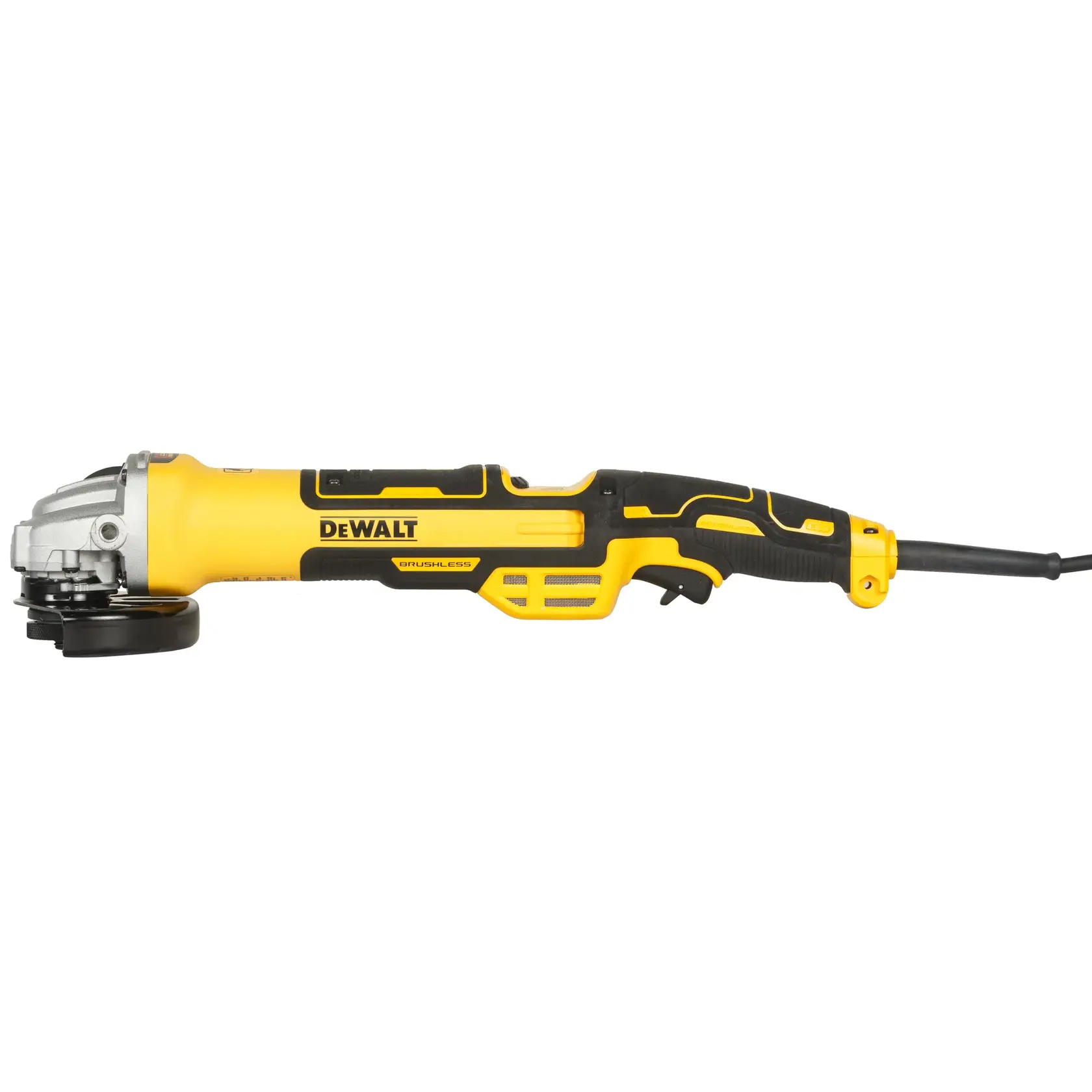 Foto da esmerilhadeira DEWALT DWE4377 amarela e preta, vista lateral, com cabo, fundo branco.