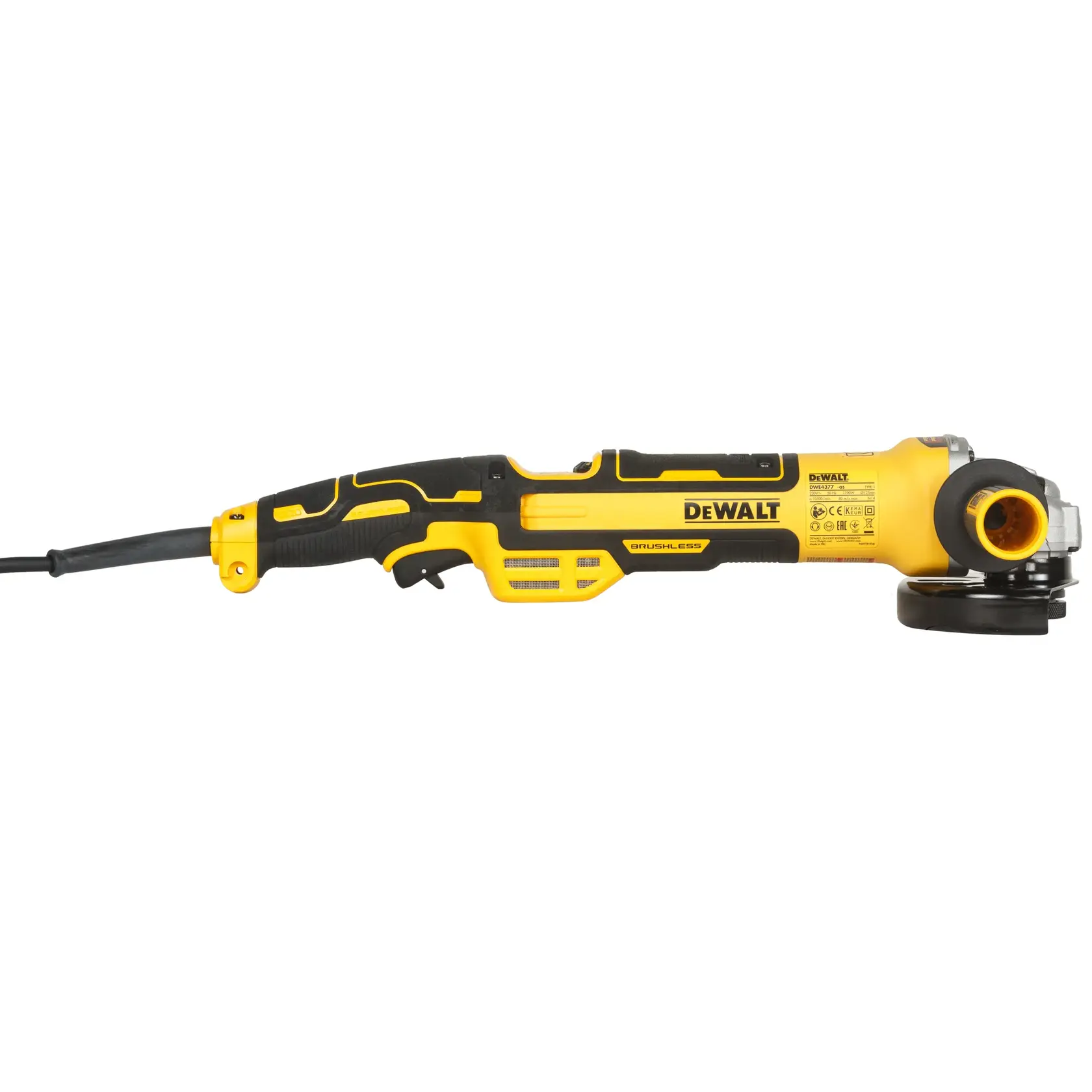 Foto da esmerilhadeira DEWALT DWE4377 amarela e preta, vista lateral, motor brushless e cabo de energia.