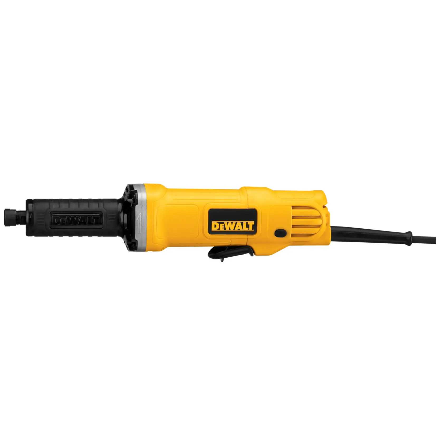 Uma retificadora elétrica DEWALT DWE4887 com corpo amarelo e preto, vista de lado em um fundo branco.