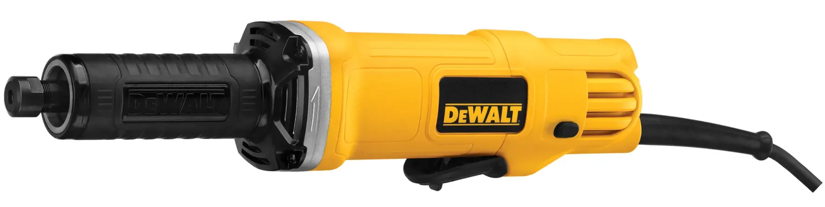 Uma retificadora elétrica DEWALT DWE4887 com corpo amarelo e preto, apresentando um fio de energia e uma cabeça de moagem cilíndrica.