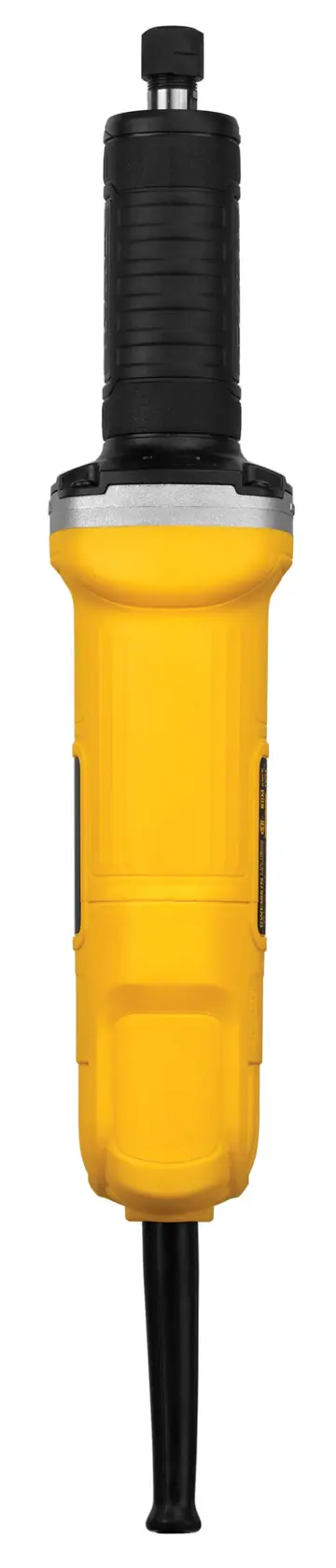 Uma ferramenta elétrica de esmerilhadeira reta amarelo e preta com corpo cilíndrico, exibida verticalmente contra um fundo branco.