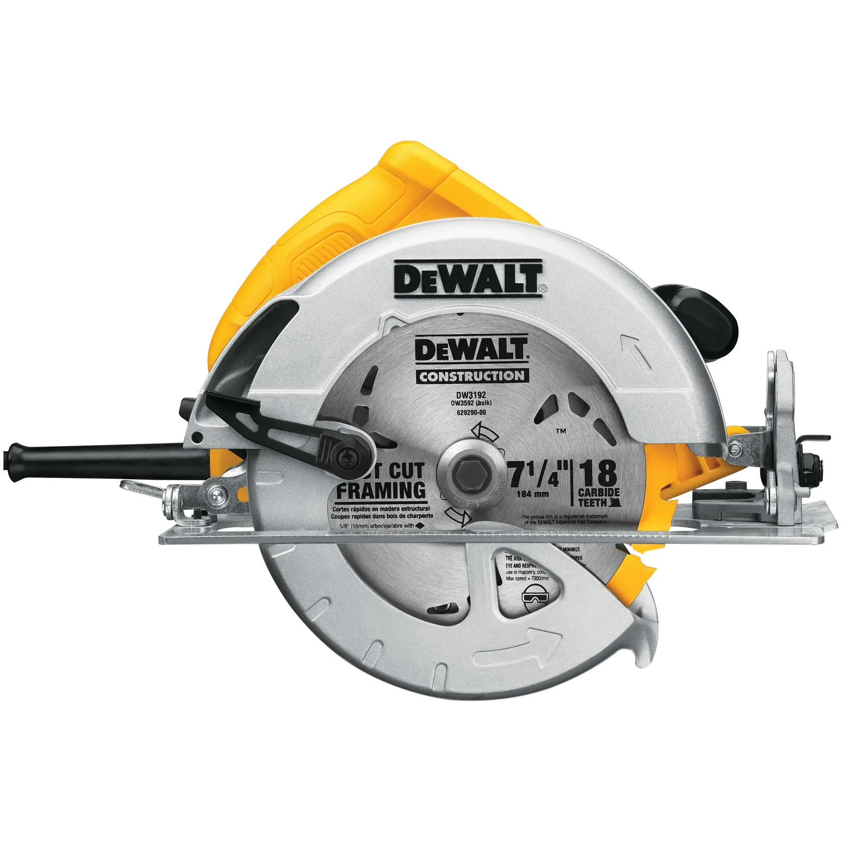 Serra circular DeWALT DWE575 com lâmina prateada de dentes de carbeto, alça amarela e preta e detalhes de construção.