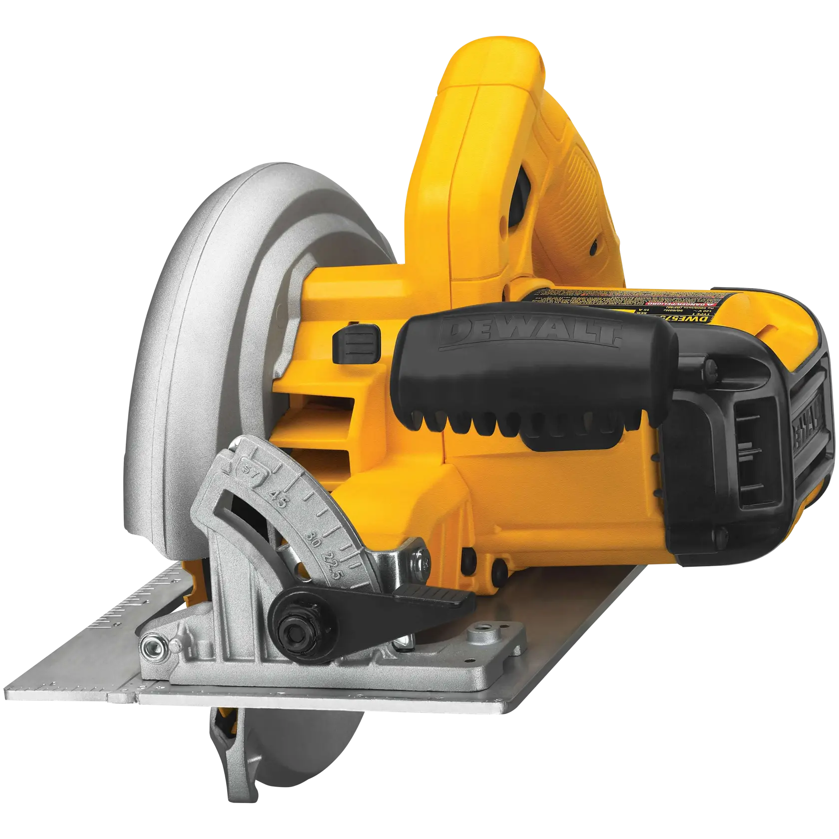 Uma serra circular DEWALT DWE575 com corpo amarelo e preto, com protetor de lâmina de metal e mecanismo de ajuste, projetada para trabalhos de carpintaria e corte precisos.