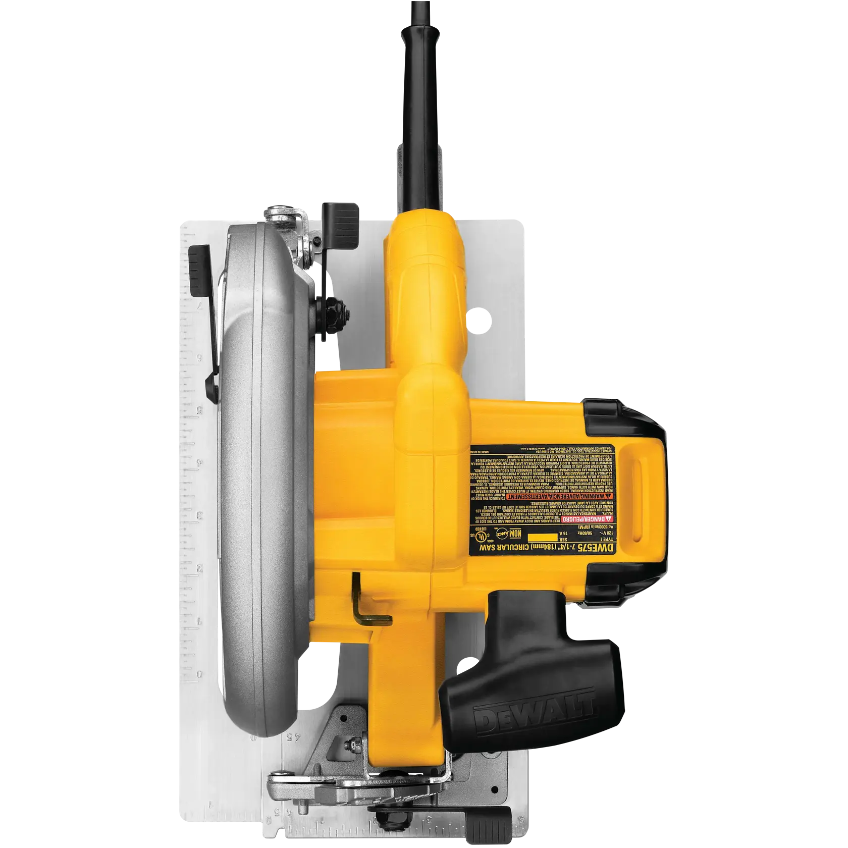 Vista superior de uma serra circular DEWALT DWE575, mostrando o corpo amarelo, alça, protetor de lâmina de metal e placa base.