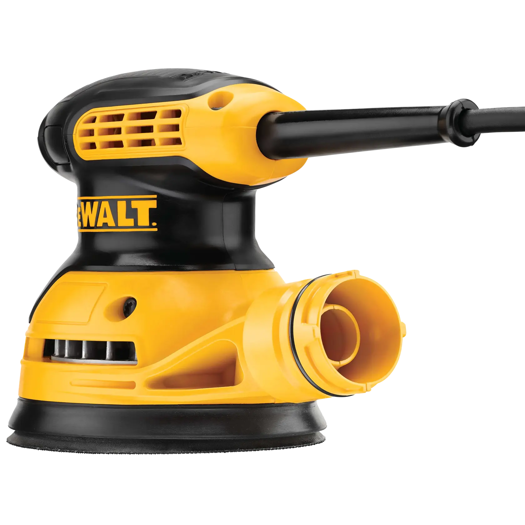 Vista aproximada de uma lixadeira elétrica manual DEWALT DWE6421, nas cores amarela e preta, mostrando a grade de ventilação, o cabo de energia e o disco de lixamento redondo.