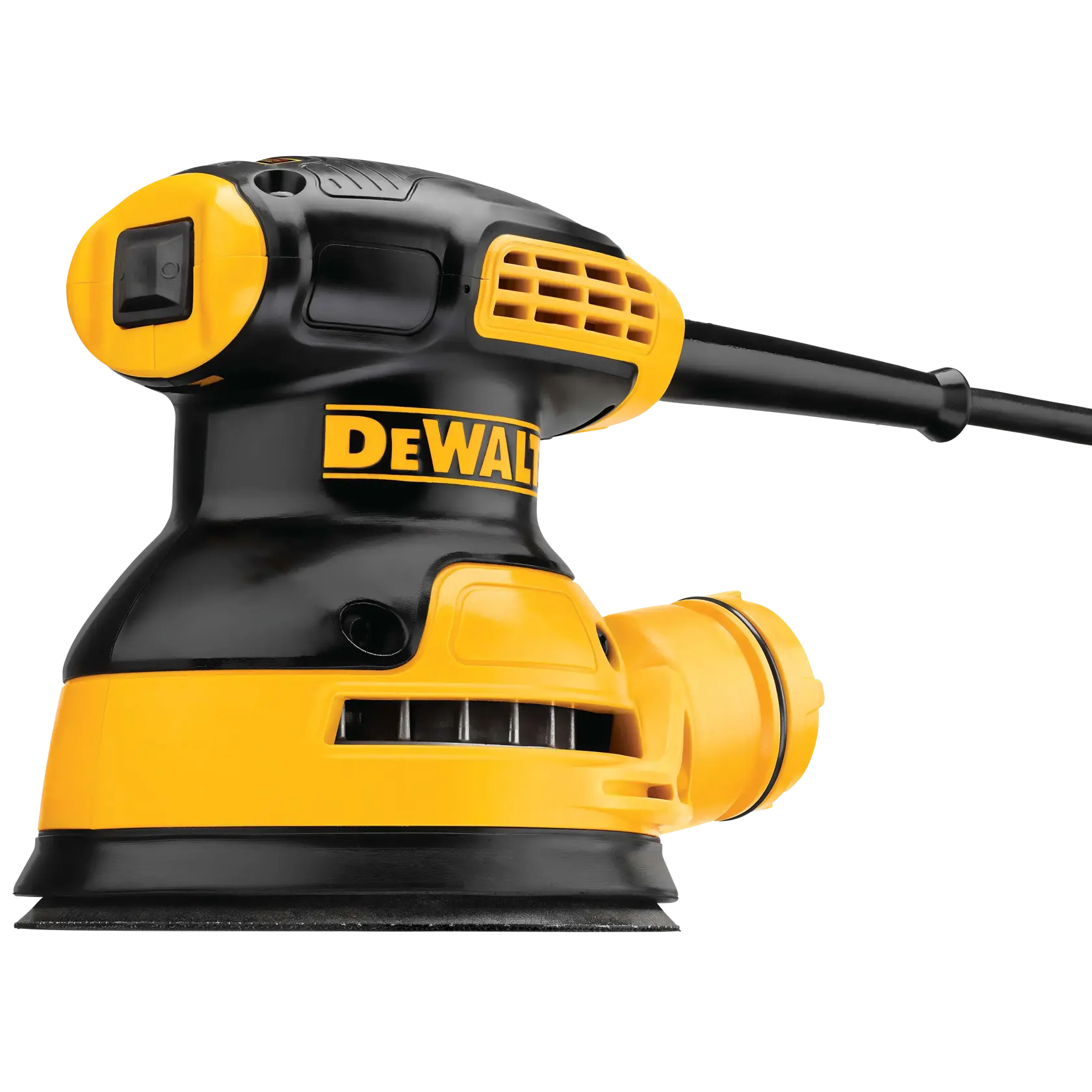 Vista aproximada de uma lixadeira elétrica DEWALT DWE6421, com design compacto, corpo preto e amarelo, botão de energia e coletor de pó acoplado.