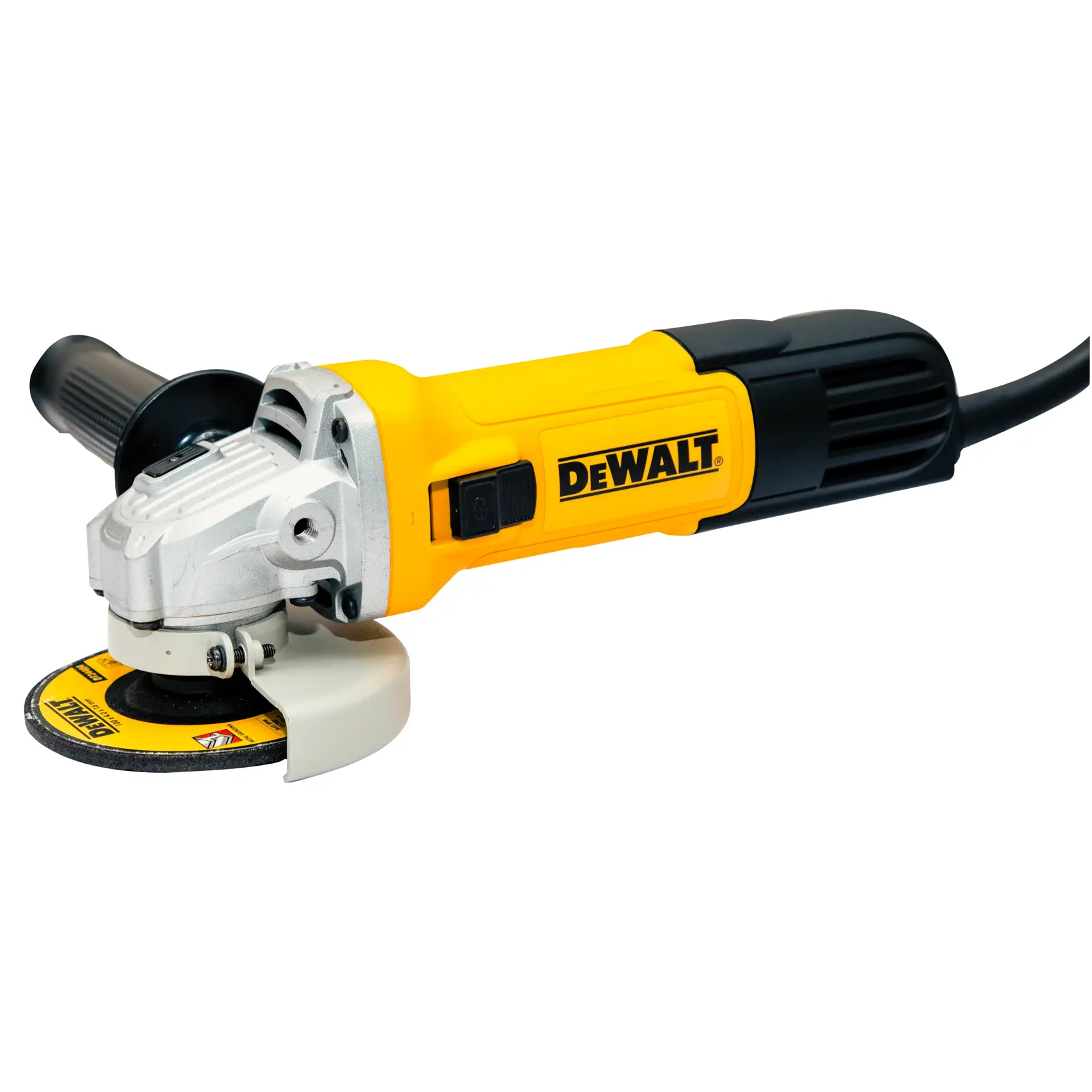Uma esmerilhadora angular elétrica amarela e preta da DEWALT com cabo lateral e disco de corte.