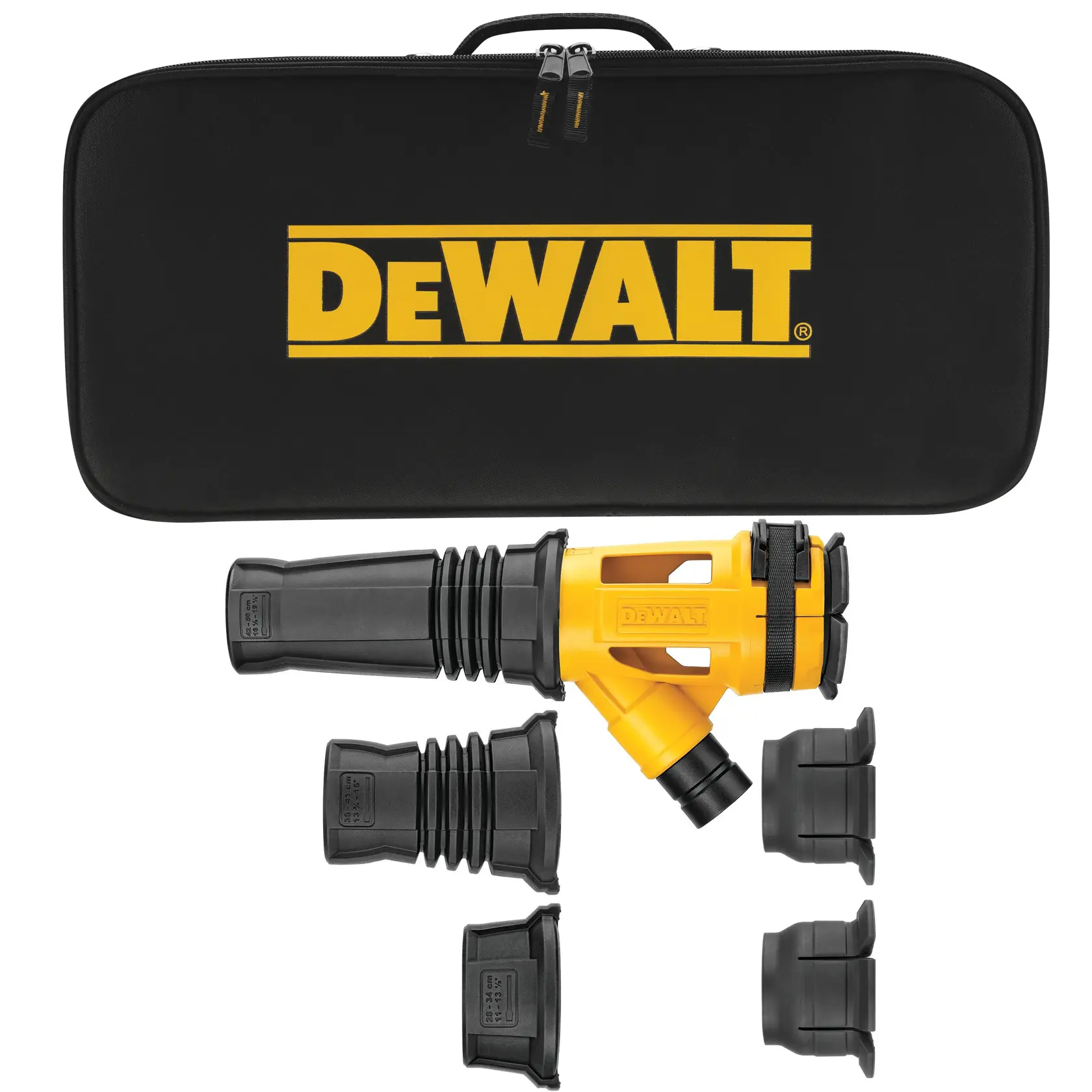 Um kit de acessórios para extrator de pó DeWalt, incluindo um acessório de extrator de pó amarelo e preto com vários bicos e adaptadores pretos, além de uma bolsa de transporte preta com o logotipo DeWalt.