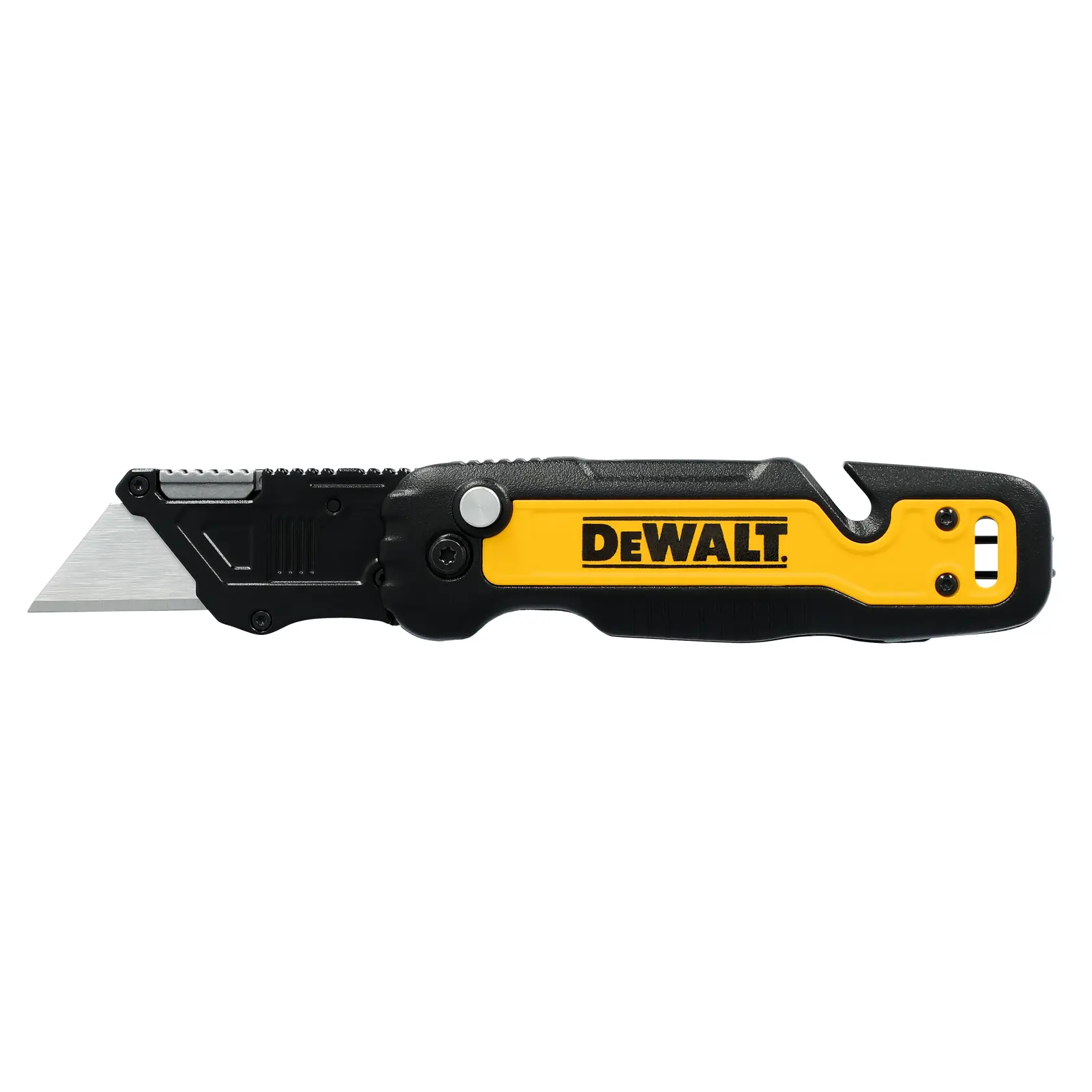 Um estilete dobrável DEWALT com cabo preto e amarelo e lâmina prateada, exibido sobre um fundo branco.