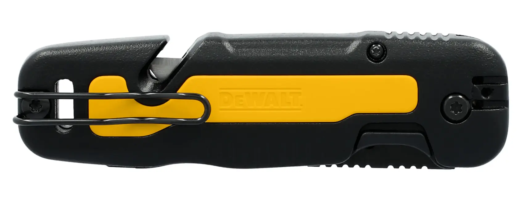 Un cuchillo plegable de utilidad DEWALT con mango negro y amarillo y hoja plateada, mostrado sobre un fondo blanco.