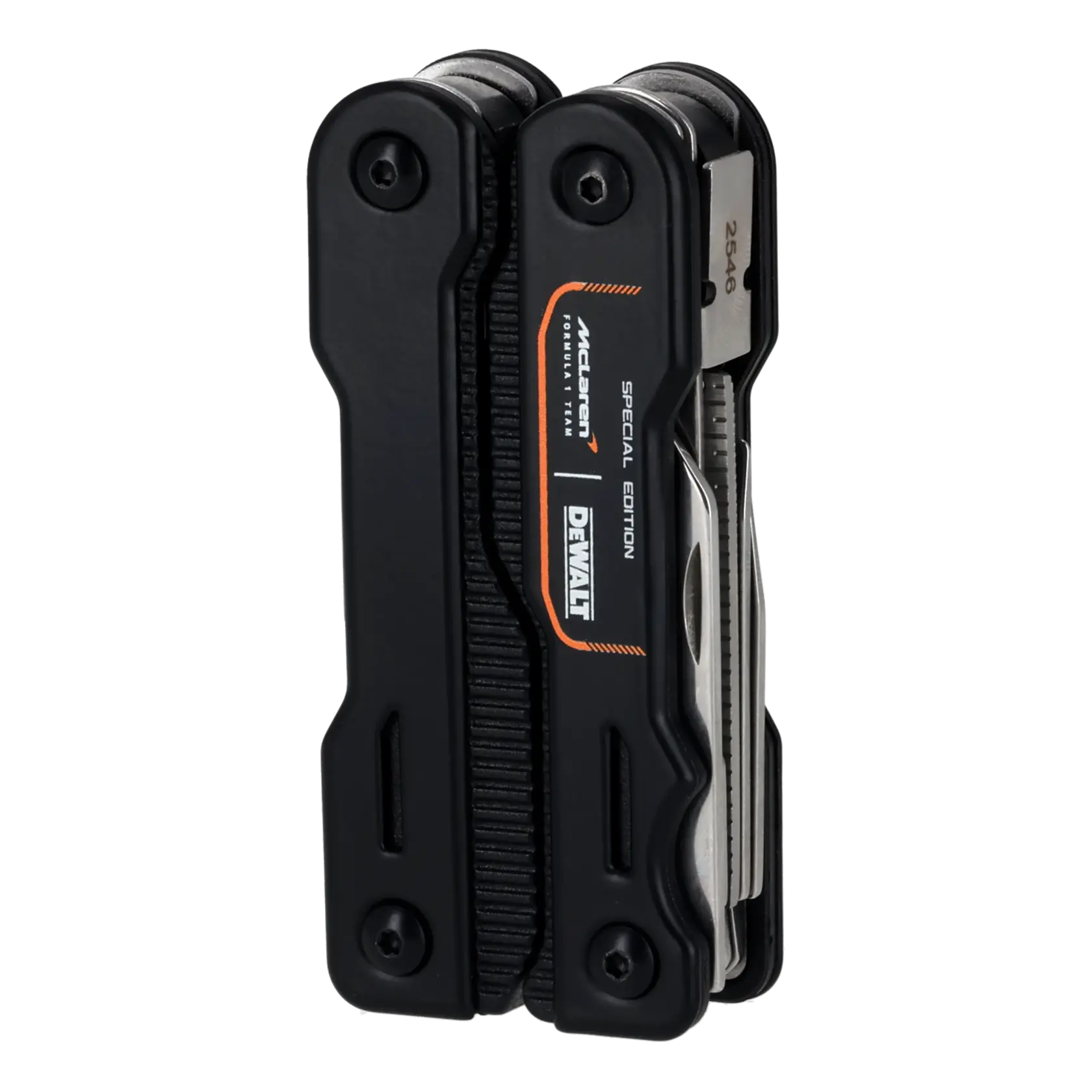 Multitool DEWALT McLaren Edição Especial com ferramentas abertas: faca, régua, tesoura e alicate.