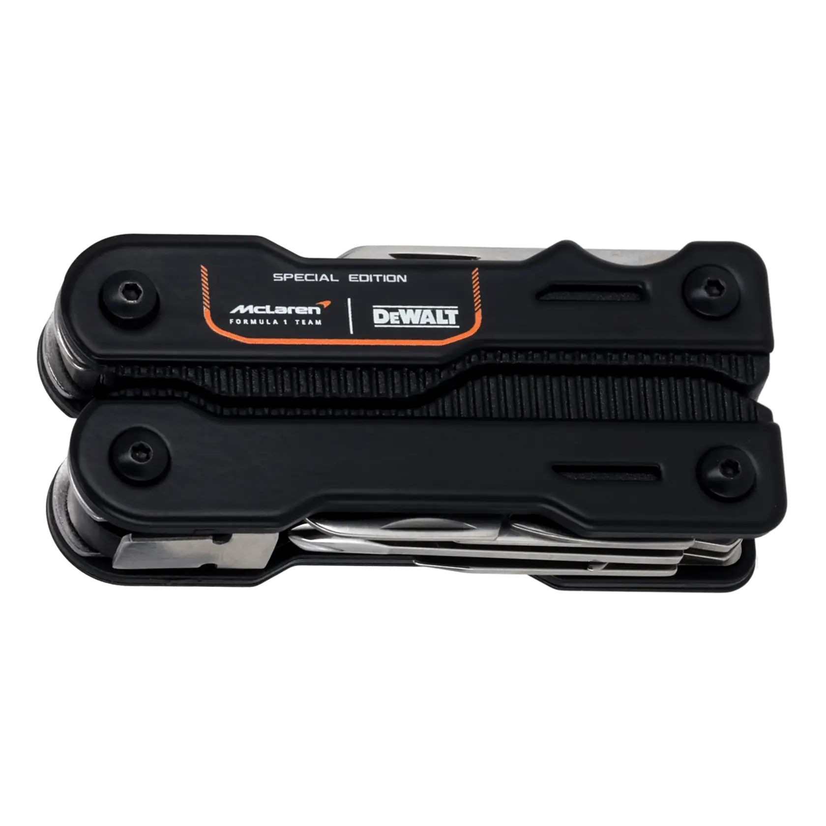 Multitool preto DEWALT McLaren edição especial fechado com logotipo visível na parte externa.