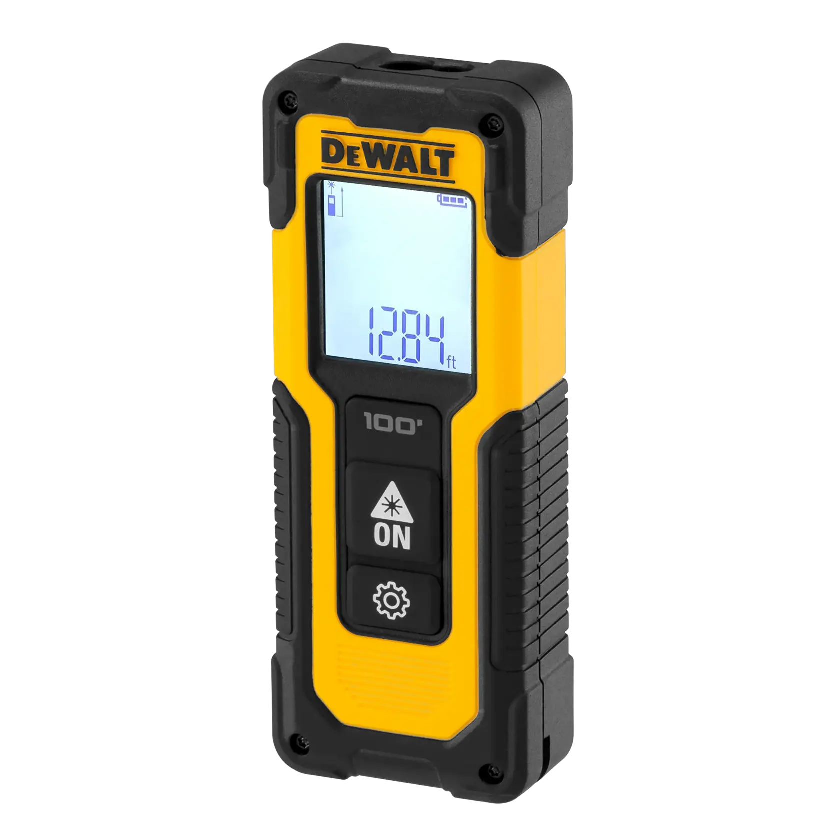 Um medidor digital de distância a laser portátil nas cores amarelo e preto, com uma tela exibindo uma leitura de 128,4 pés, marca DEWALT. Possui vários botões para operação e um design resistente.