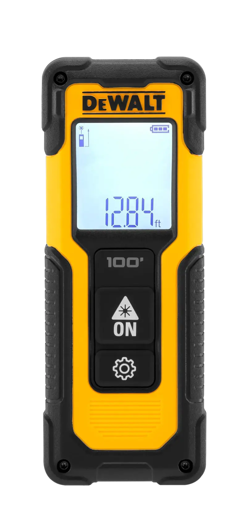 Um medidor de distância a laser preto e amarelo da marca DEWALT com visor digital mostrando '128.4 ft', vários botões e um corpo robusto.