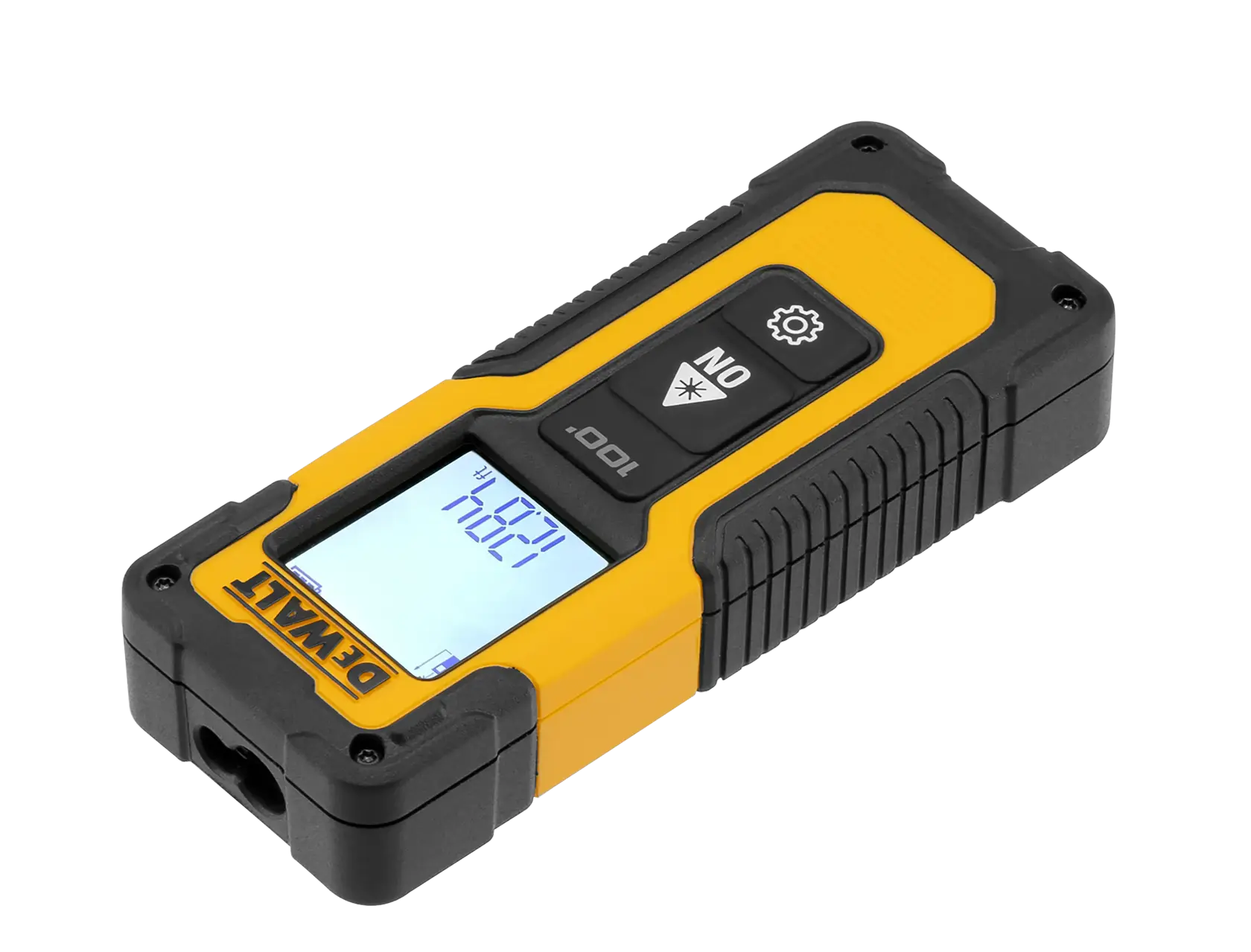 Um medidor de distância a laser portátil DEWALT com uma caixa amarela e preta, tela digital iluminada e dois botões de controle.