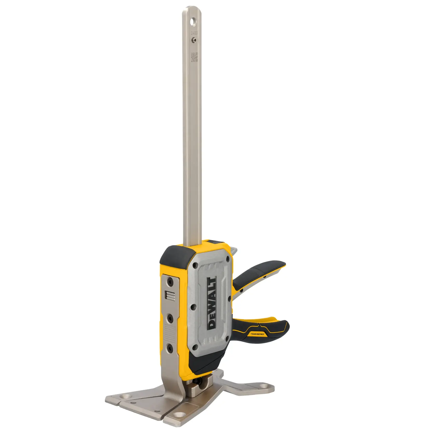 Uma ferramenta de macaco de construção DEWALT ToughSeries, com características rotuladas em francês, incluindo botão de liberação rápida, entalhe de ajuste fino para rebaixamento, elevação sem as mãos, capacidade até 340 lbs, pontos de ancoragem fresados e acesso sob a carga.