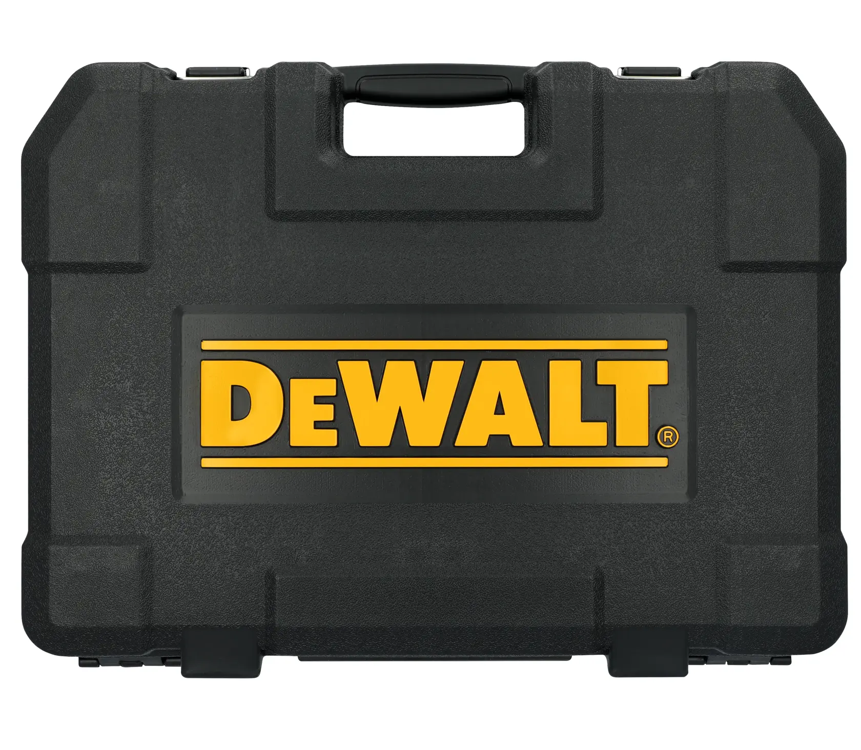 Uma maleta de transporte de plástico rígido preto com o logotipo DEWALT em amarelo exibido de forma destacada na frente. A maleta possui uma alça robusta na parte superior.
