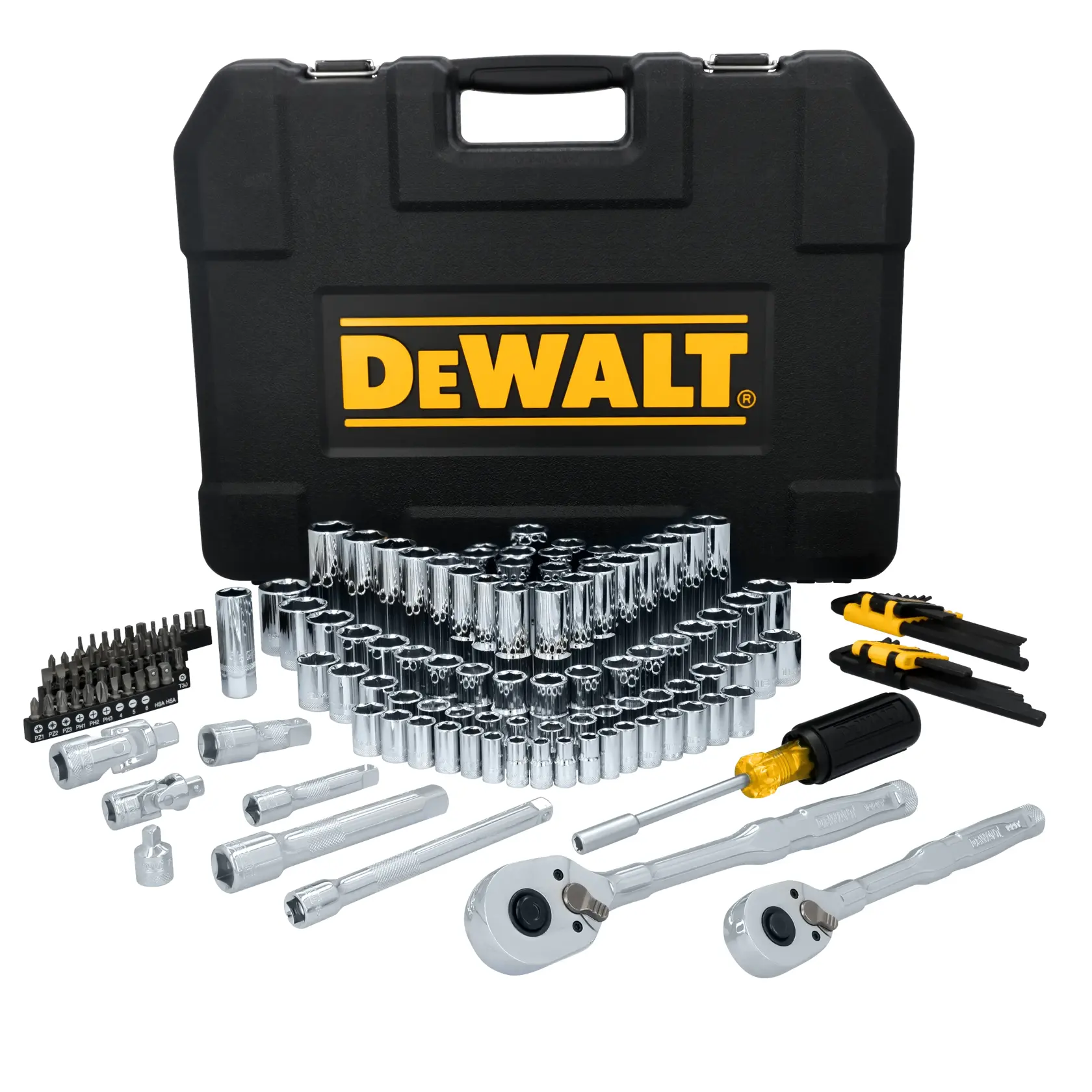 Um conjunto de soquetes e ferramentas DEWALT com uma caixa de transporte preta. O conjunto inclui vários soquetes cromados, catracas, chaves de fenda, barras de extensão e uma variedade de bits organizados em frente à caixa. Algumas ferramentas possuem cabos amarelos e pretos.