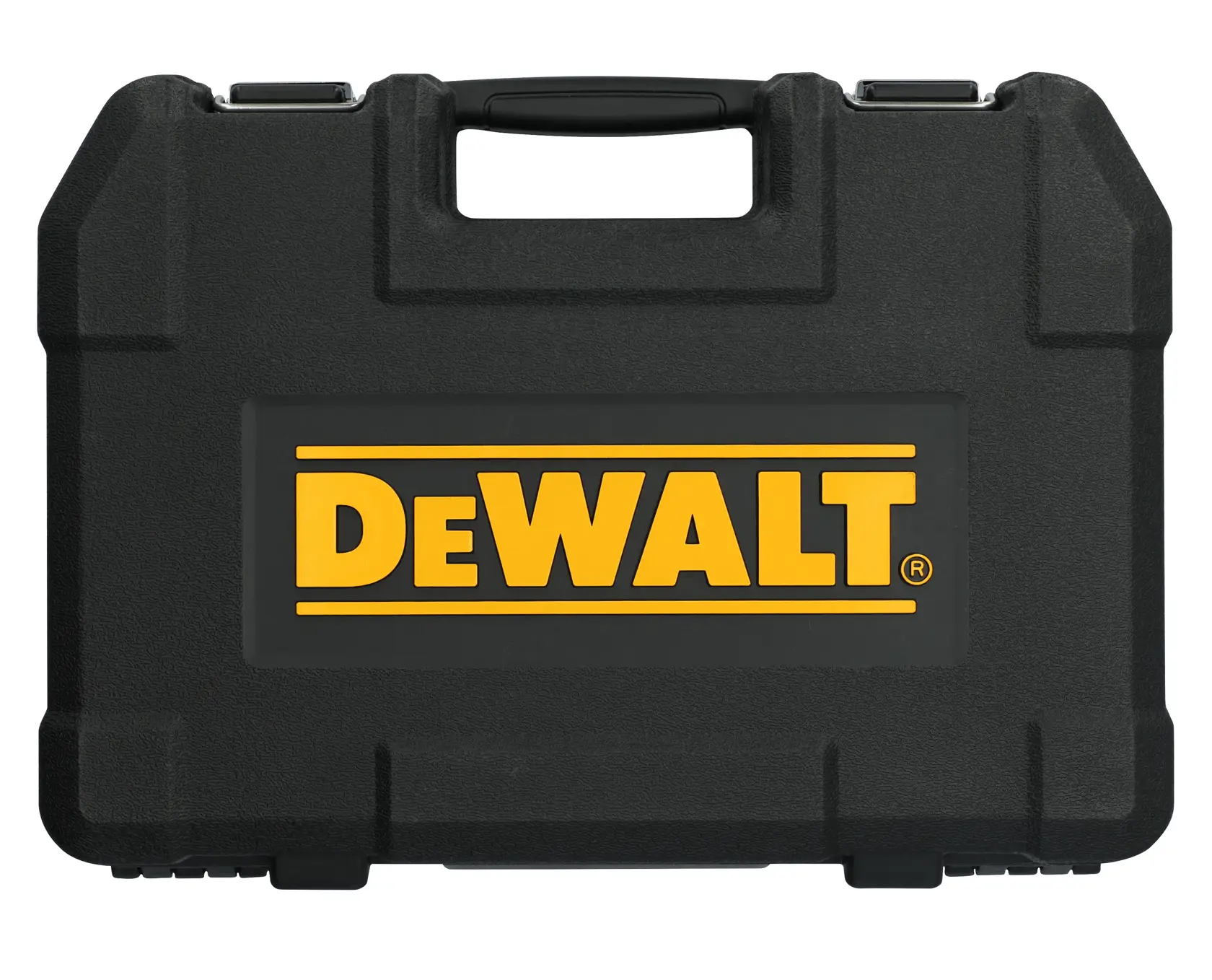 Uma maleta de transporte preta de plástico rígido com o logotipo amarelo da DEWALT na parte frontal. A maleta possui uma alça robusta e travas de metal.