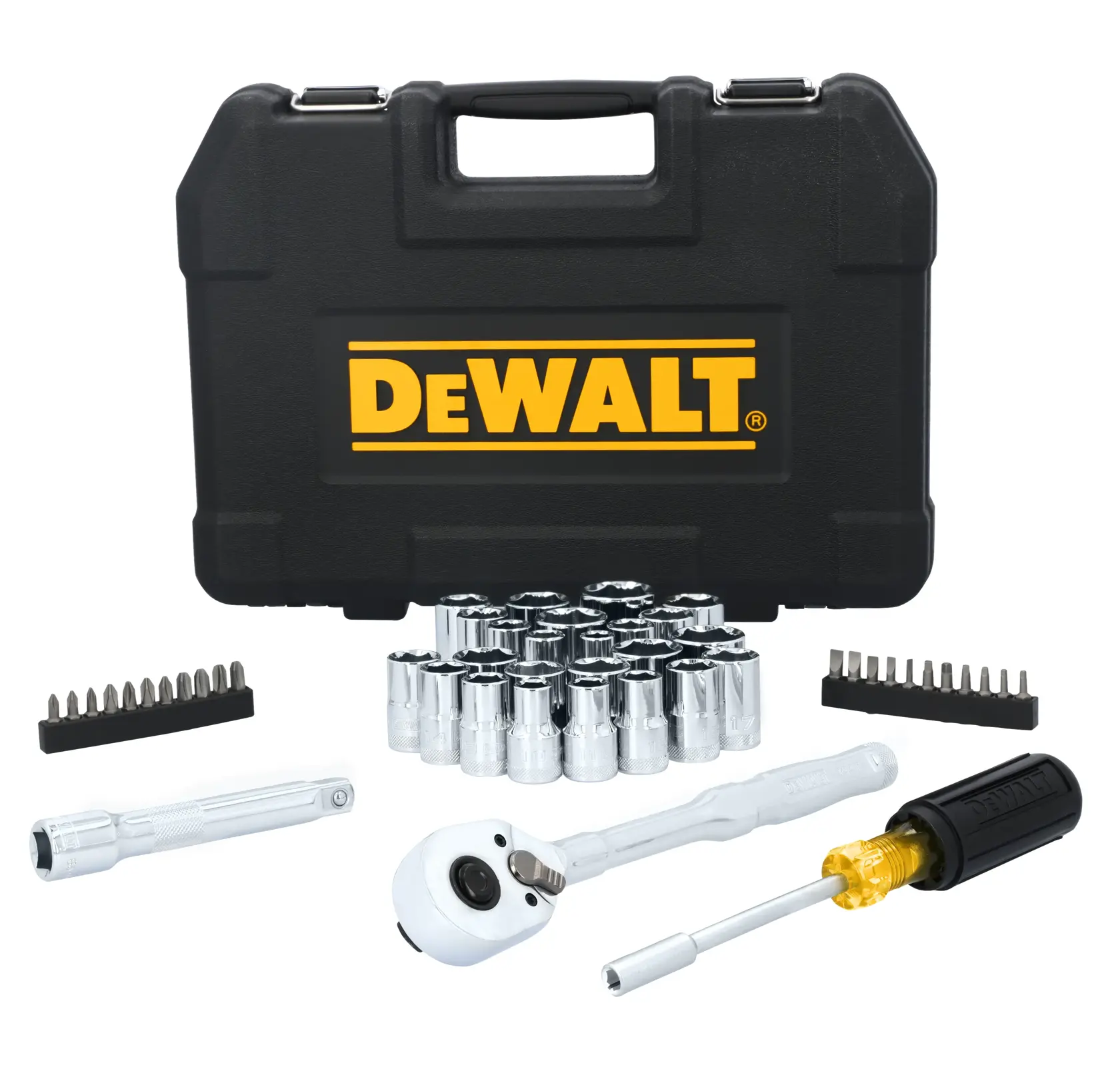 Um conjunto de ferramentas DEWALT com uma maleta preta com o logotipo DEWALT, vários soquetes cromados, uma catraca, suporte para bits, chave de fenda, barra de extensão e dois conjuntos de bits de chave de fenda dispostos em frente à maleta.