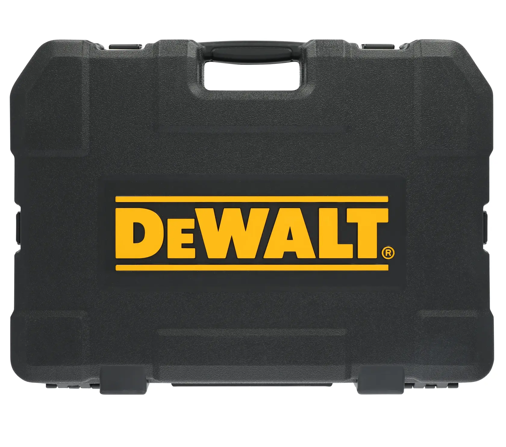 Uma maleta preta de plástico rígido com alça, apresentando o logotipo amarelo da DEWALT em destaque na frente.