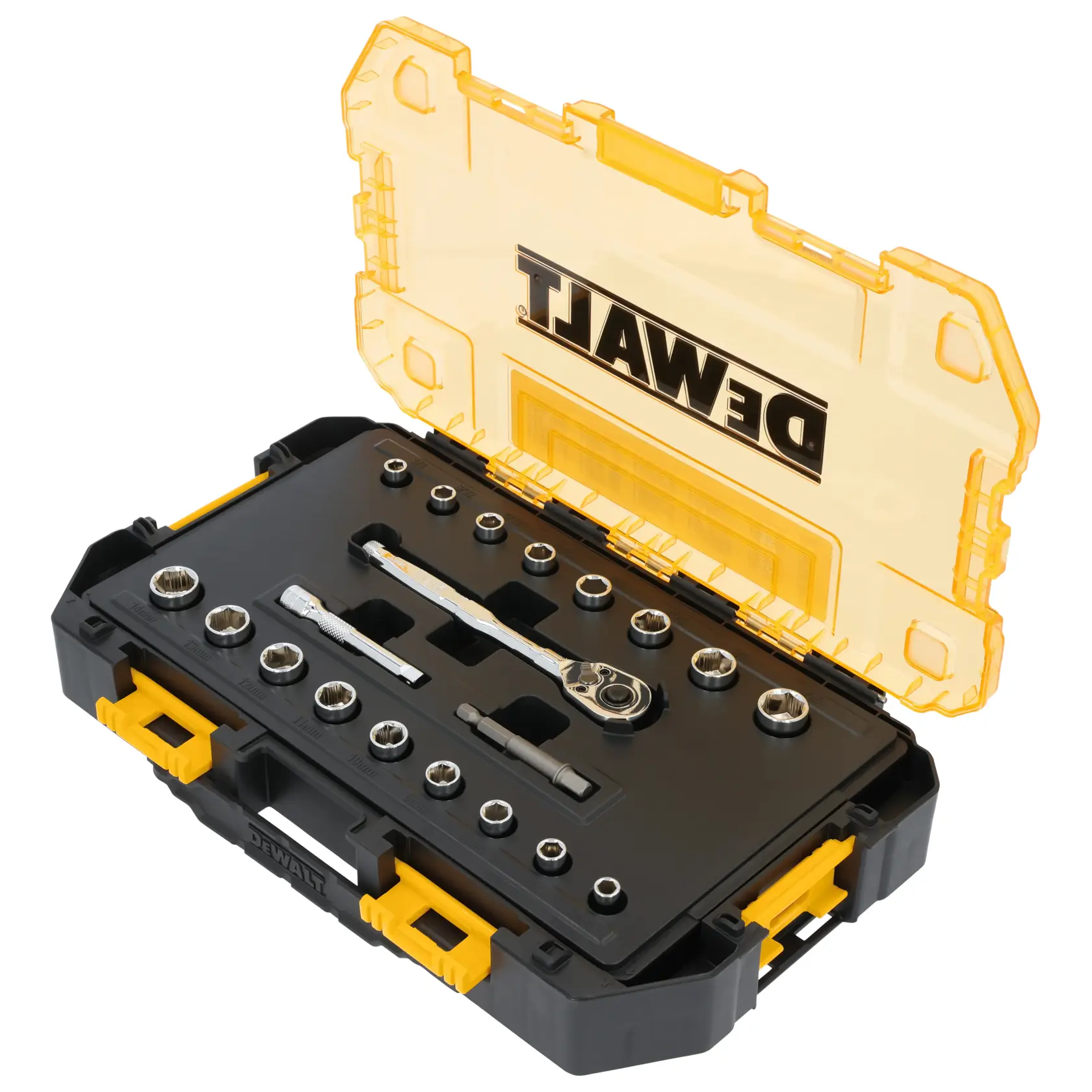 Um conjunto de soquetes e catraca DEWALT em uma caixa rígida de plástico preto e amarelo com tampa transparente amarela, exibindo vários soquetes, uma catraca e uma barra de extensão organizados de maneira ordenada dentro.