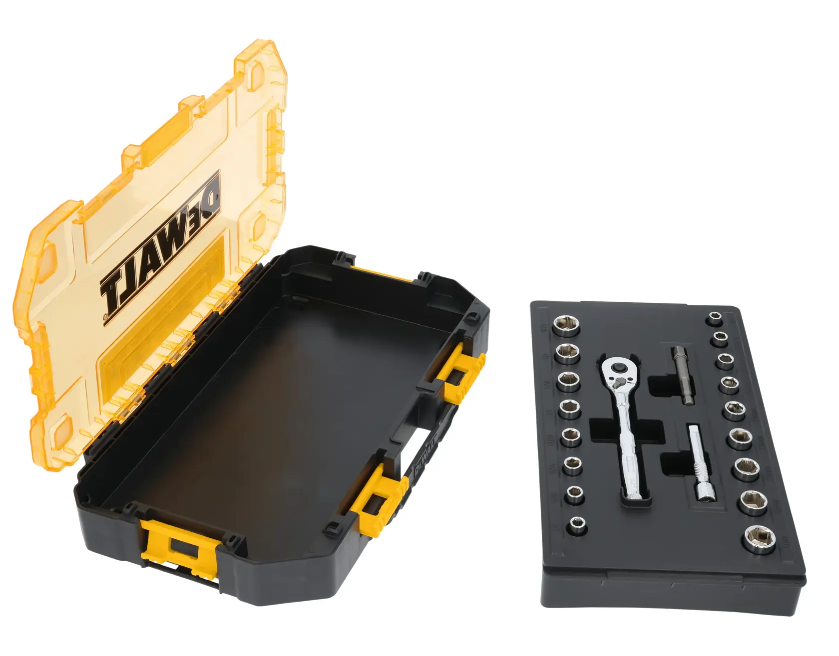 Um conjunto de soquetes DEWALT com catraca e vários soquetes, exibido ao lado de uma caixa de transporte de plástico preta e amarela com tampa transparente aberta.