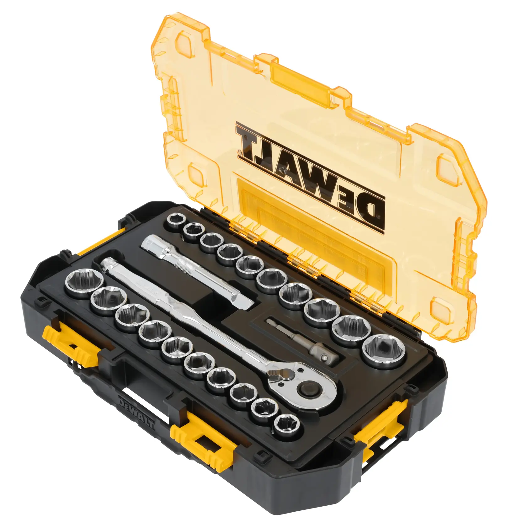 Um conjunto de soquetes DEWALT em uma caixa de plástico rígido com tampa amarela transparente. O conjunto inclui vários tamanhos de soquetes, uma chave de catraca e barras de extensão, todos organizados em compartimentos moldados.