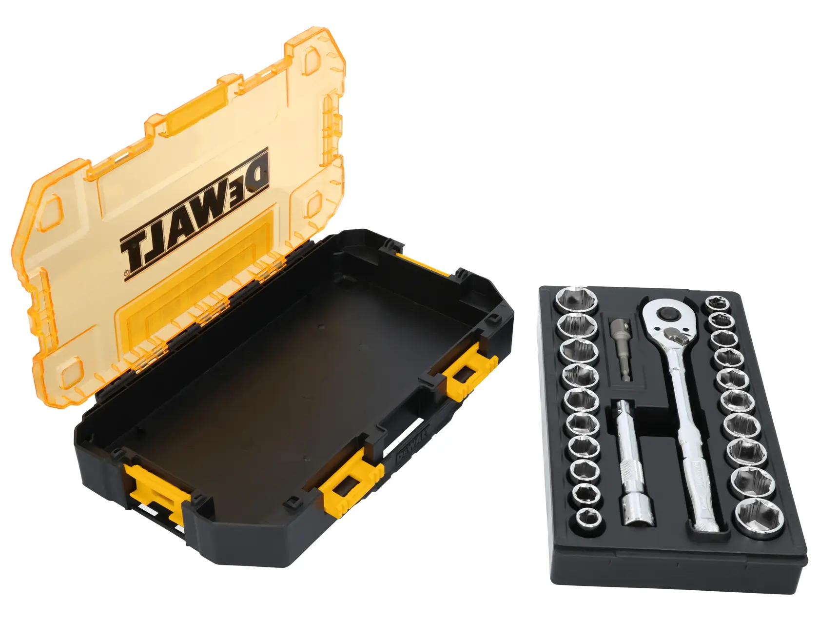 Conjunto de chaves de soquete DEWALT com catraca, soquetes e acessórios, mostrado com uma maleta de transporte de plástico rígido amarela e preta aberta ao lado da bandeja organizada de ferramentas.