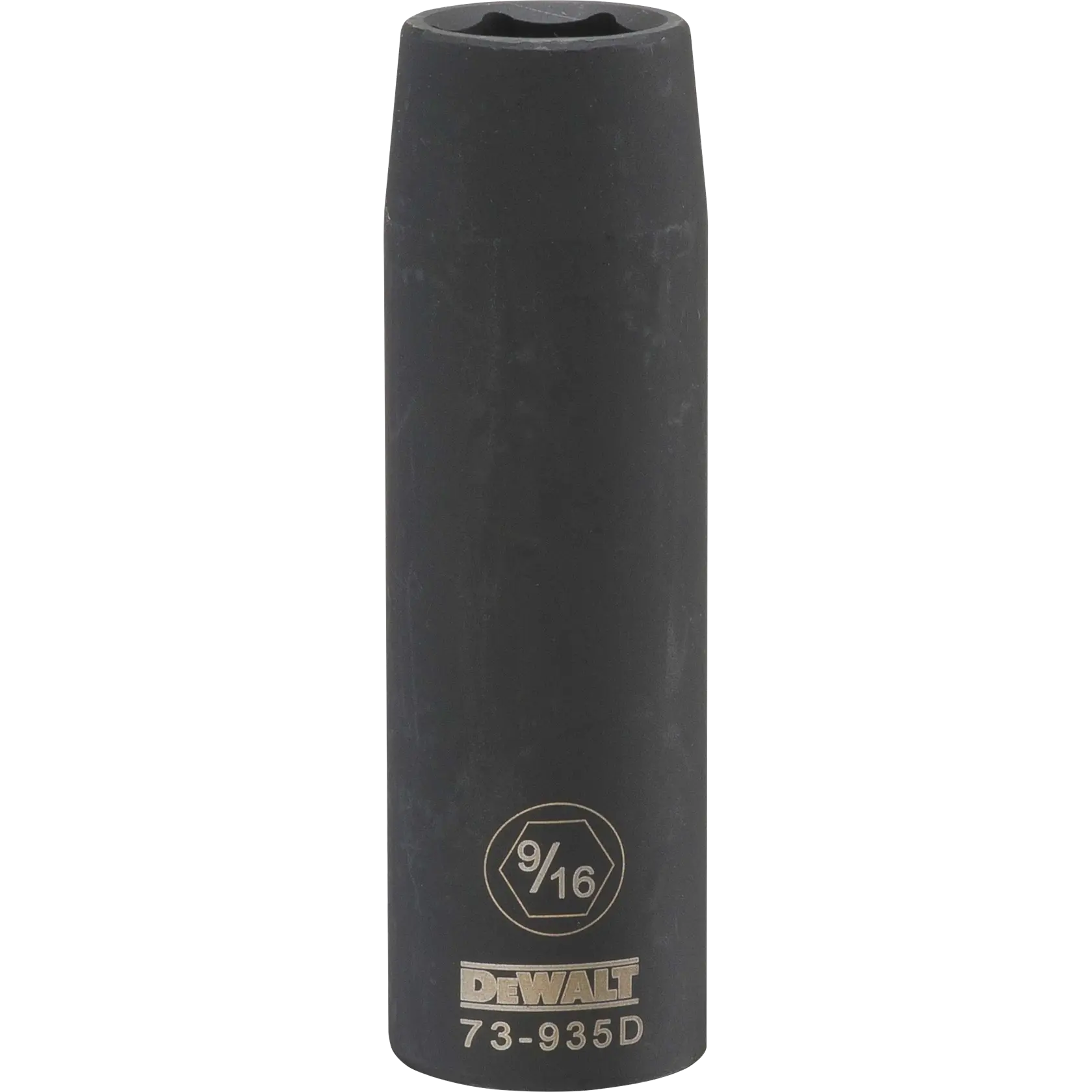 Soquete de impacto profundo preto DEWALT de 9/16 polegadas, modelo 73-935D, com marca e indicação do tamanho na parte inferior do soquete.