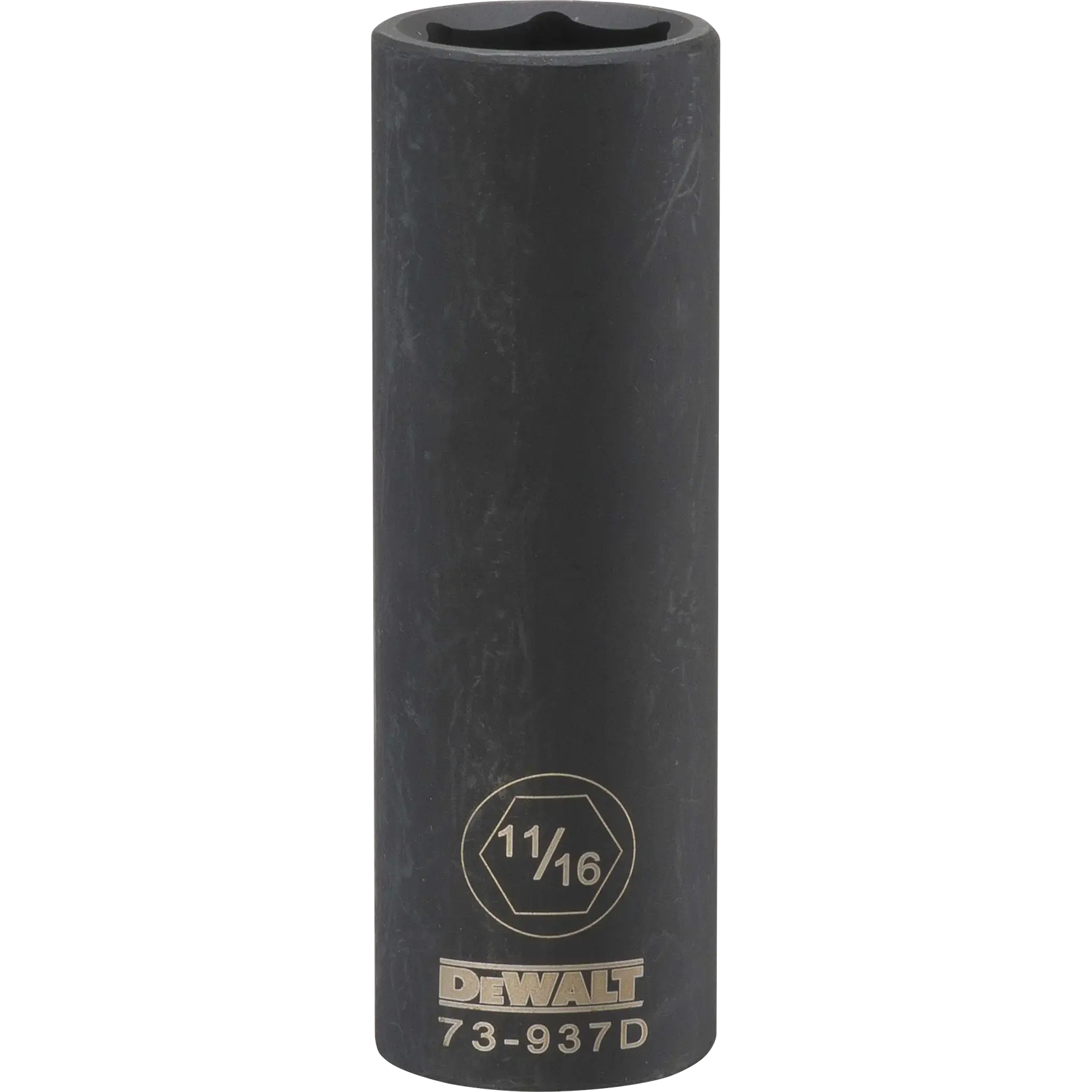 Soquete longo preto DEWALT de 11/16 polegadas com o número de modelo 73-937D gravado.