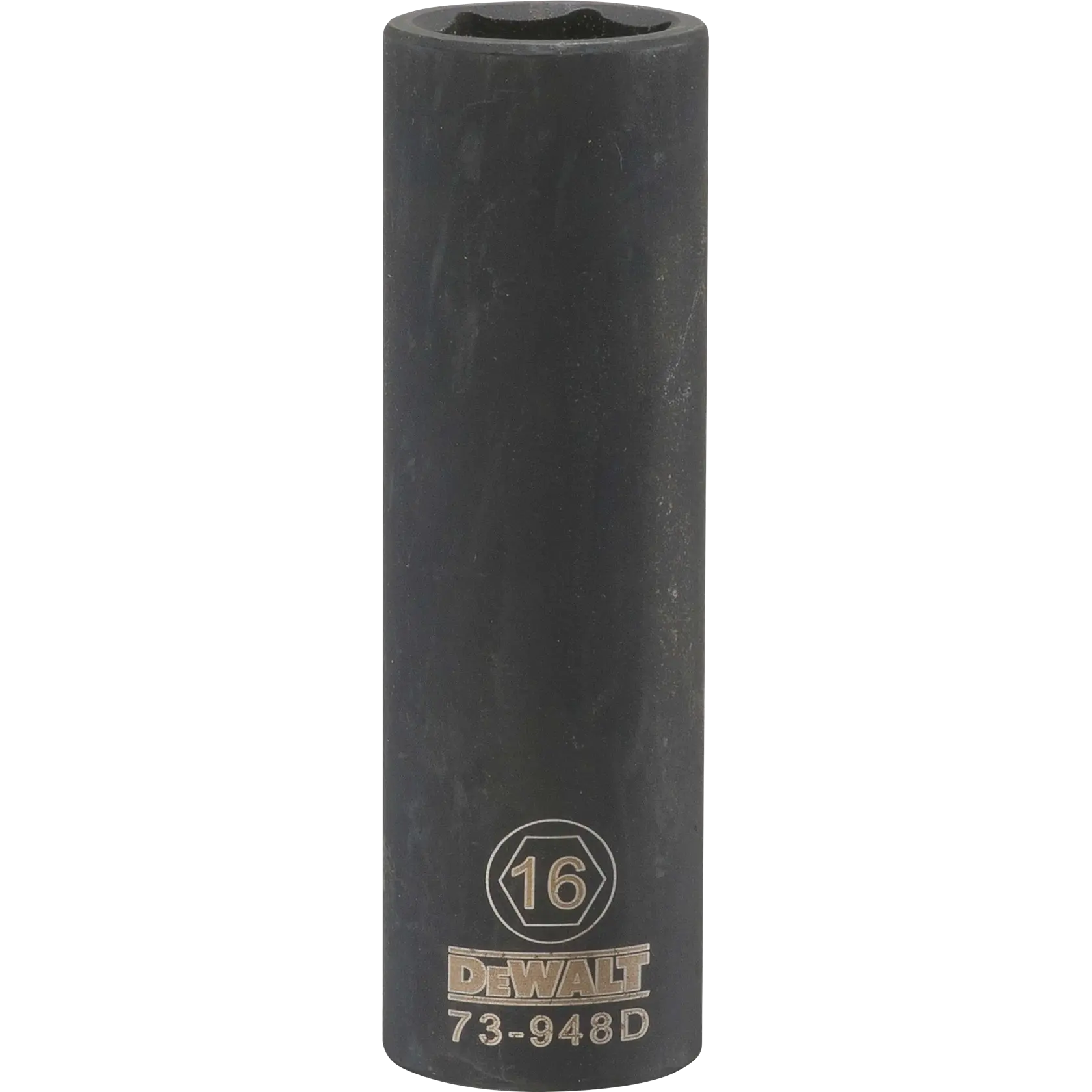 Soquete de impacto profundo DEWALT de 16 mm com o número de modelo 73-948D, feito de metal preto.