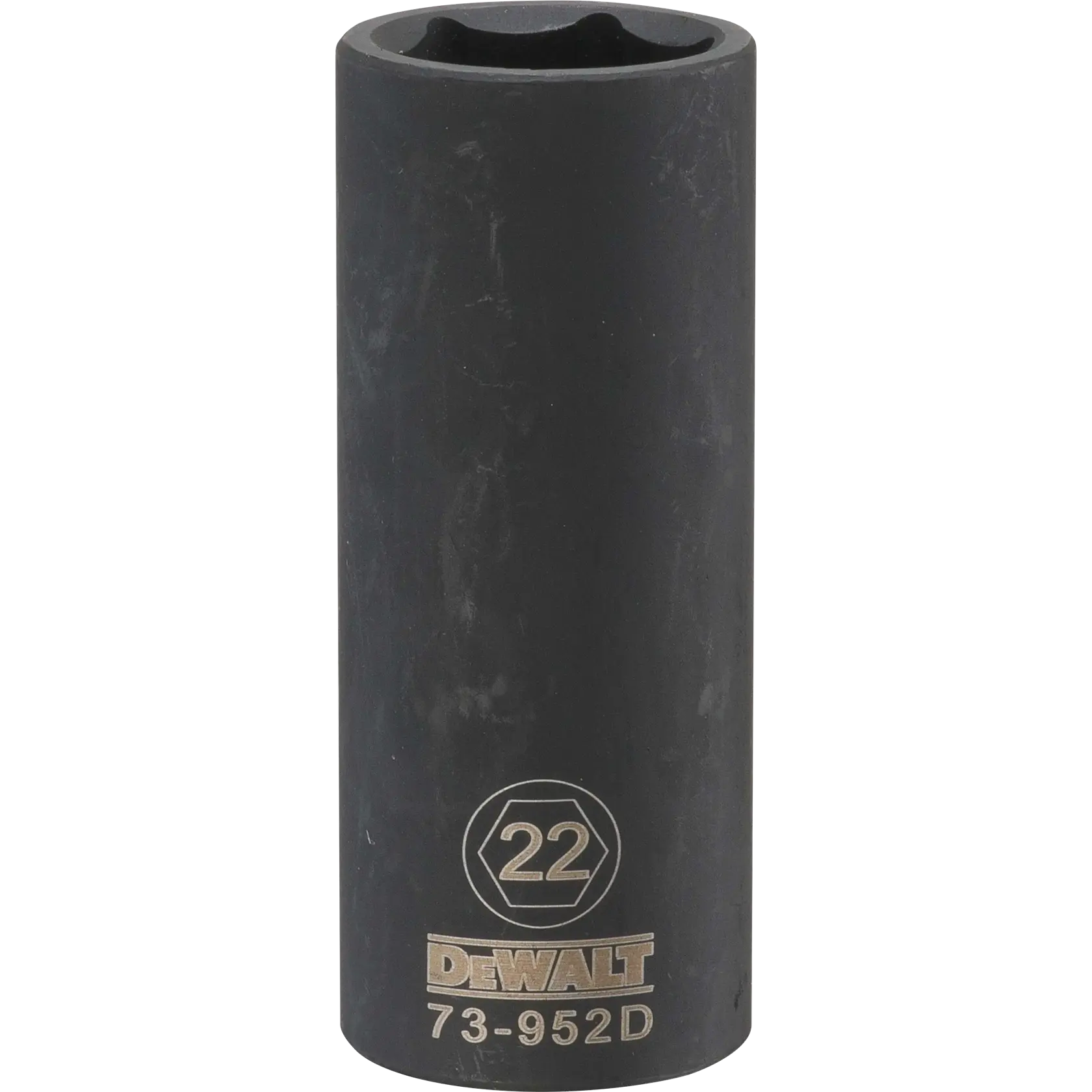 Um soquete de impacto profundo da marca DEWALT com marcação de tamanho 22 mm, número do modelo 73-952D, exibido em pé sobre um fundo branco.