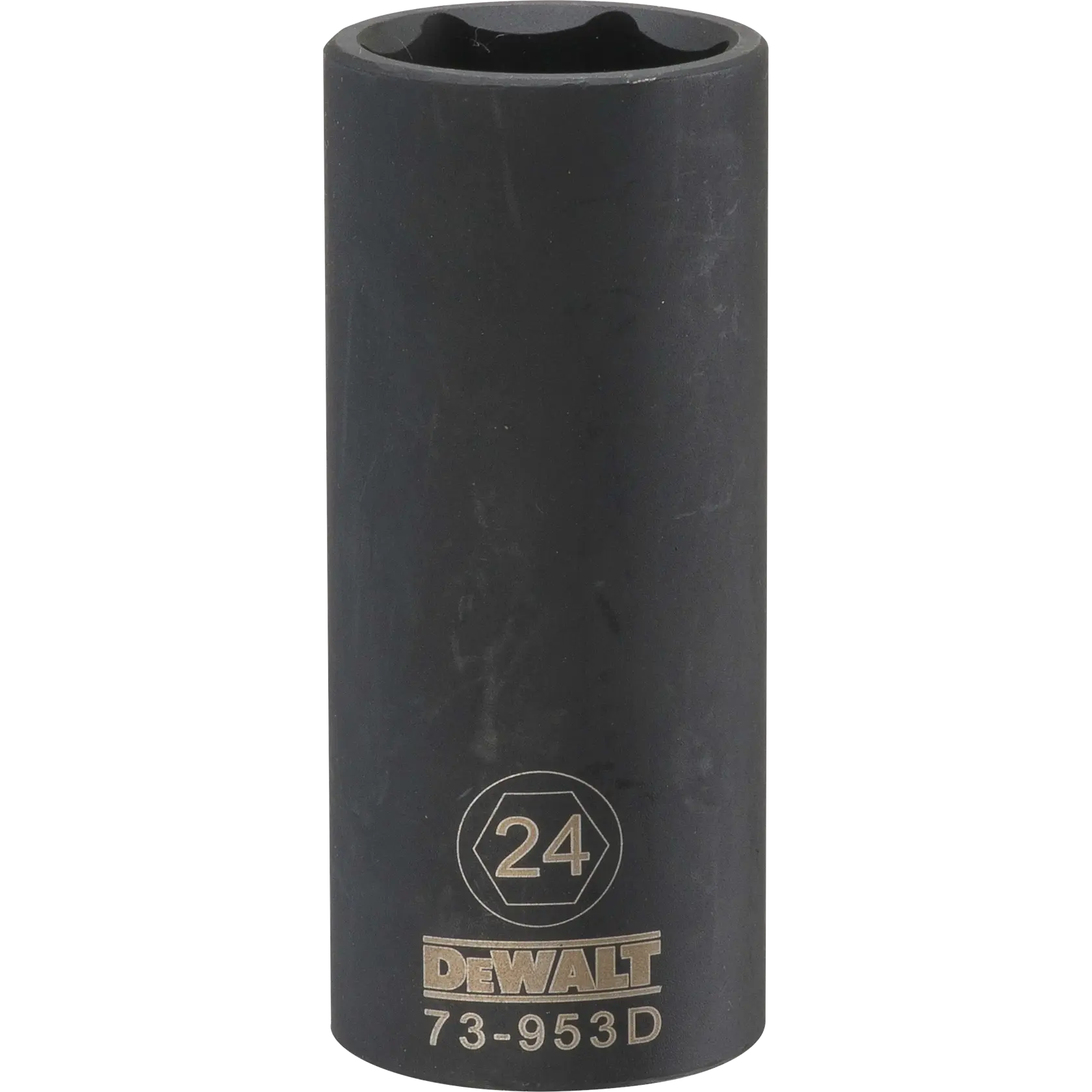 Uma chave de soquete profunda preta DEWALT com abertura hexagonal, tamanho 24, número do modelo 73-953D, usada para apertar ou soltar parafusos e porcas.
