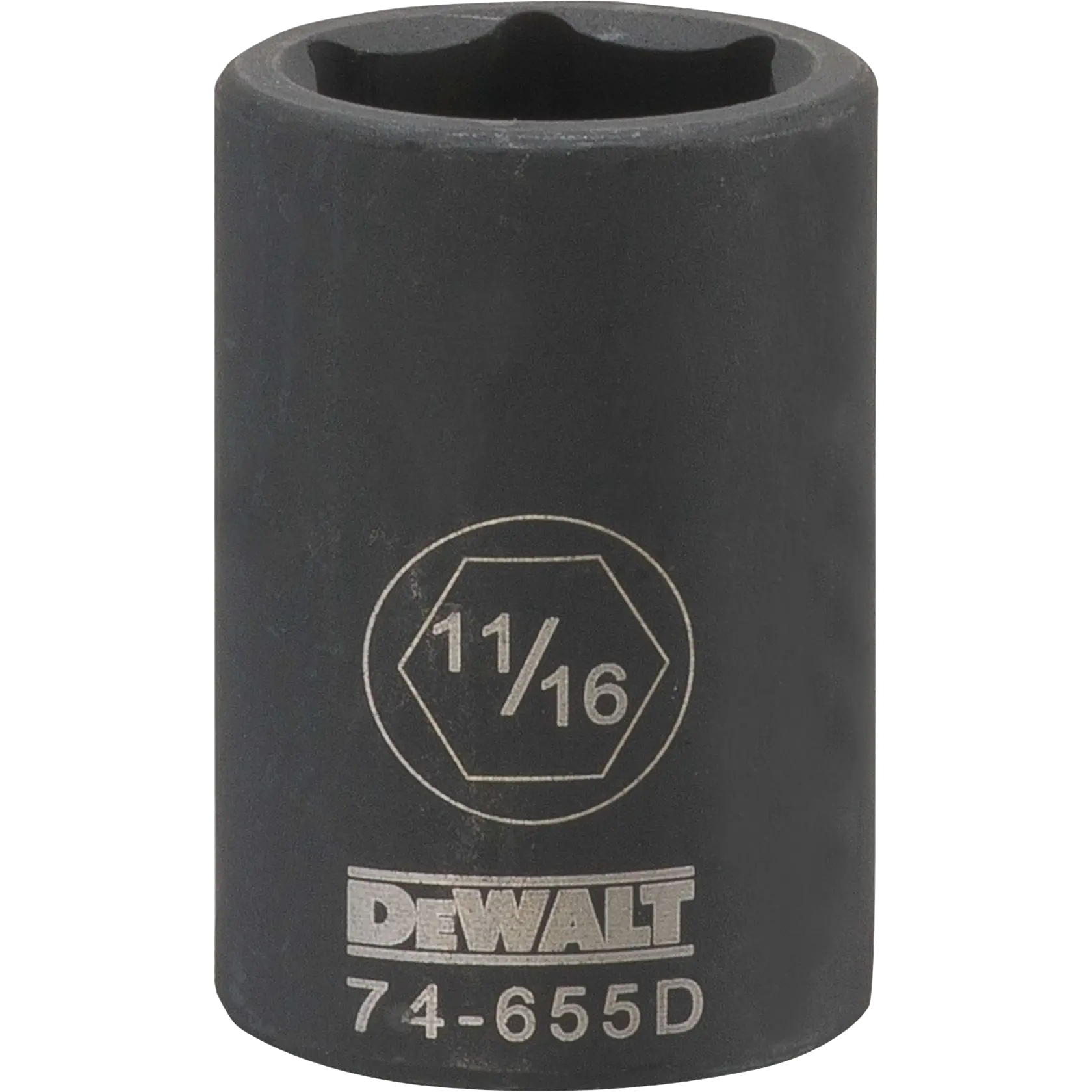 Um soquete de impacto profundo DEWALT de 11/16 polegadas com o número do modelo 74-655D gravado. O soquete é preto e cilíndrico.