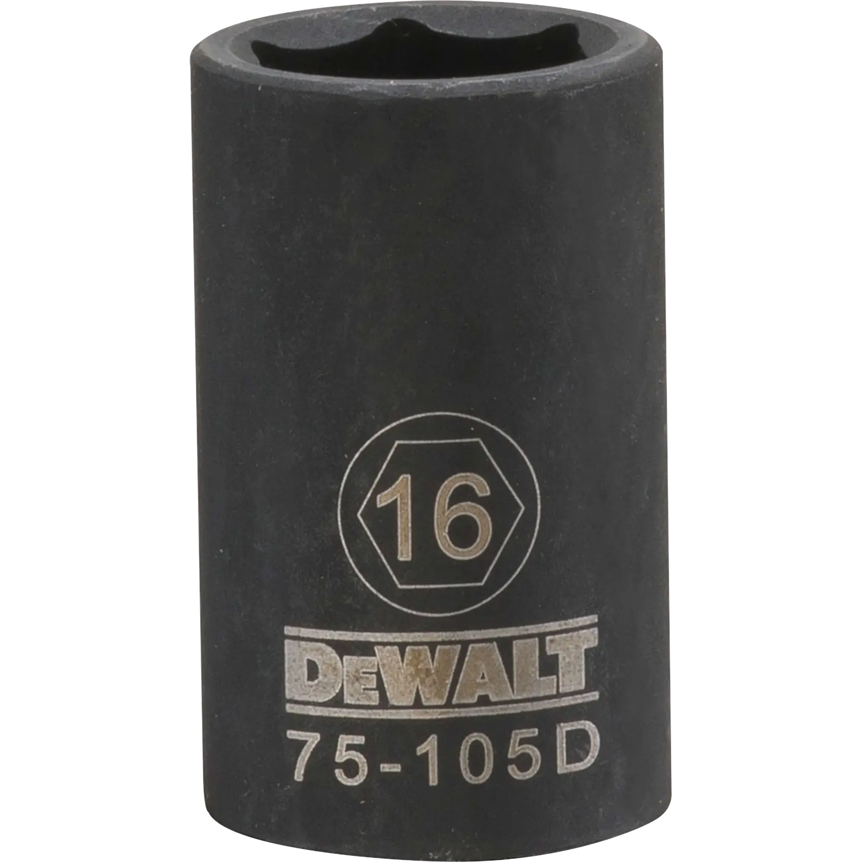 Um soquete de impacto DEWALT preto de 16 mm com o número do modelo 75-105D gravado na lateral. O soquete é cilíndrico e usado para apertar ou soltar parafusos.